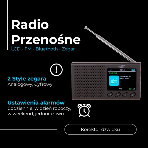 Radio Przenośne AD 1198 - FM, Bluetooth, LCD, Zegar - Adler