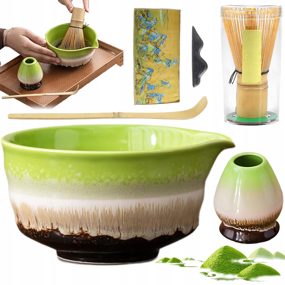 Levně Sada Obřadu Matcha S Lžící A Podstavkou A Ručníkem, Zelená
