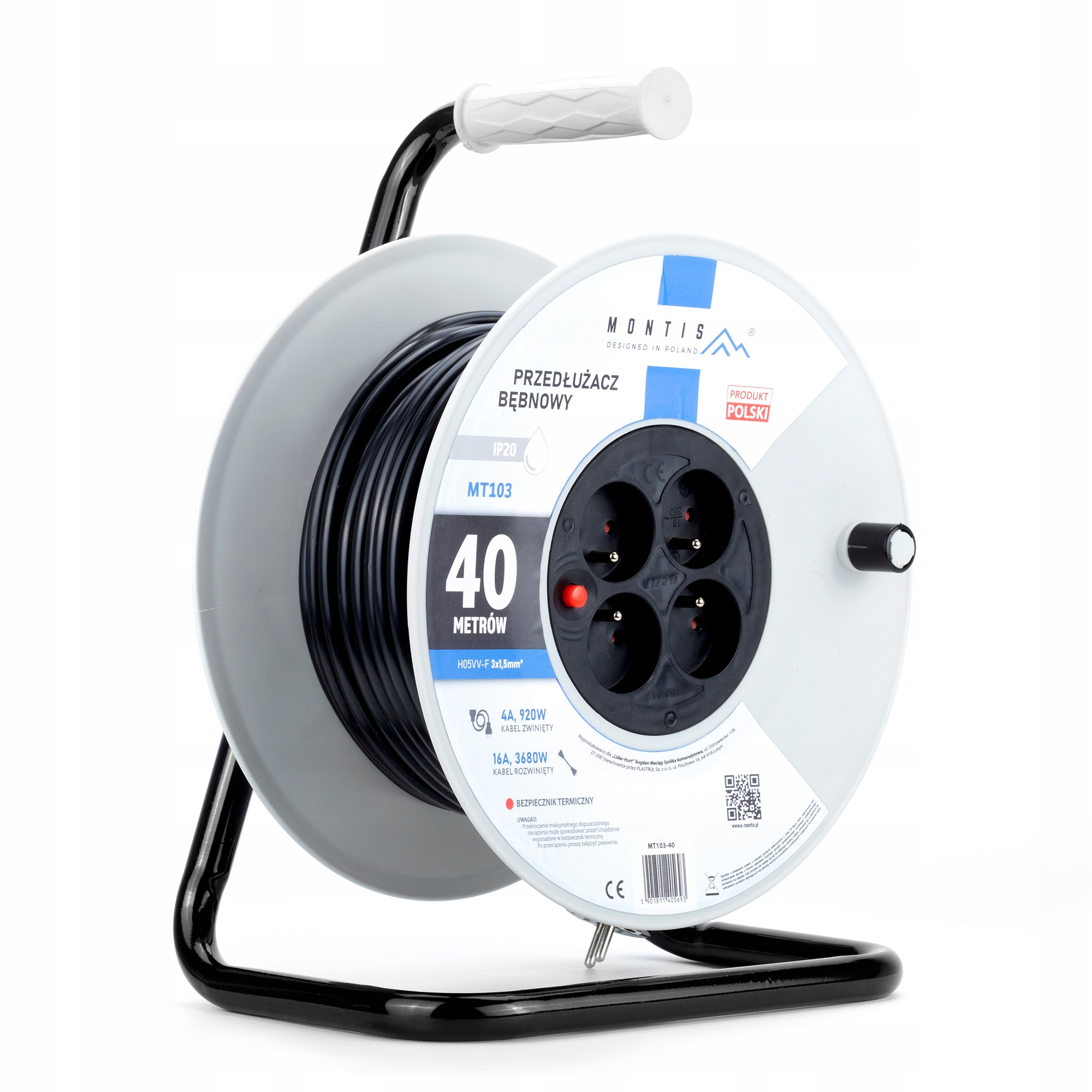 Predlžovací Kábel Stavebný Bubnový 40M 3x1,5 Na Bubne 3680W IP20 4 Zásuvka