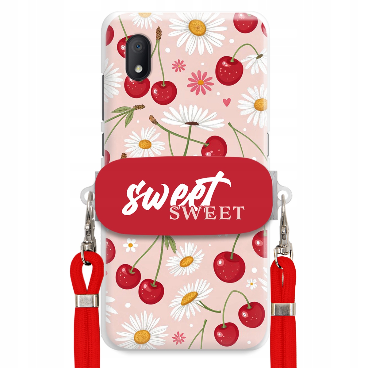 Puzdro pre Samsung A15 4G Červené vodítko Crossbody držiak Sweet Kvet čerešne