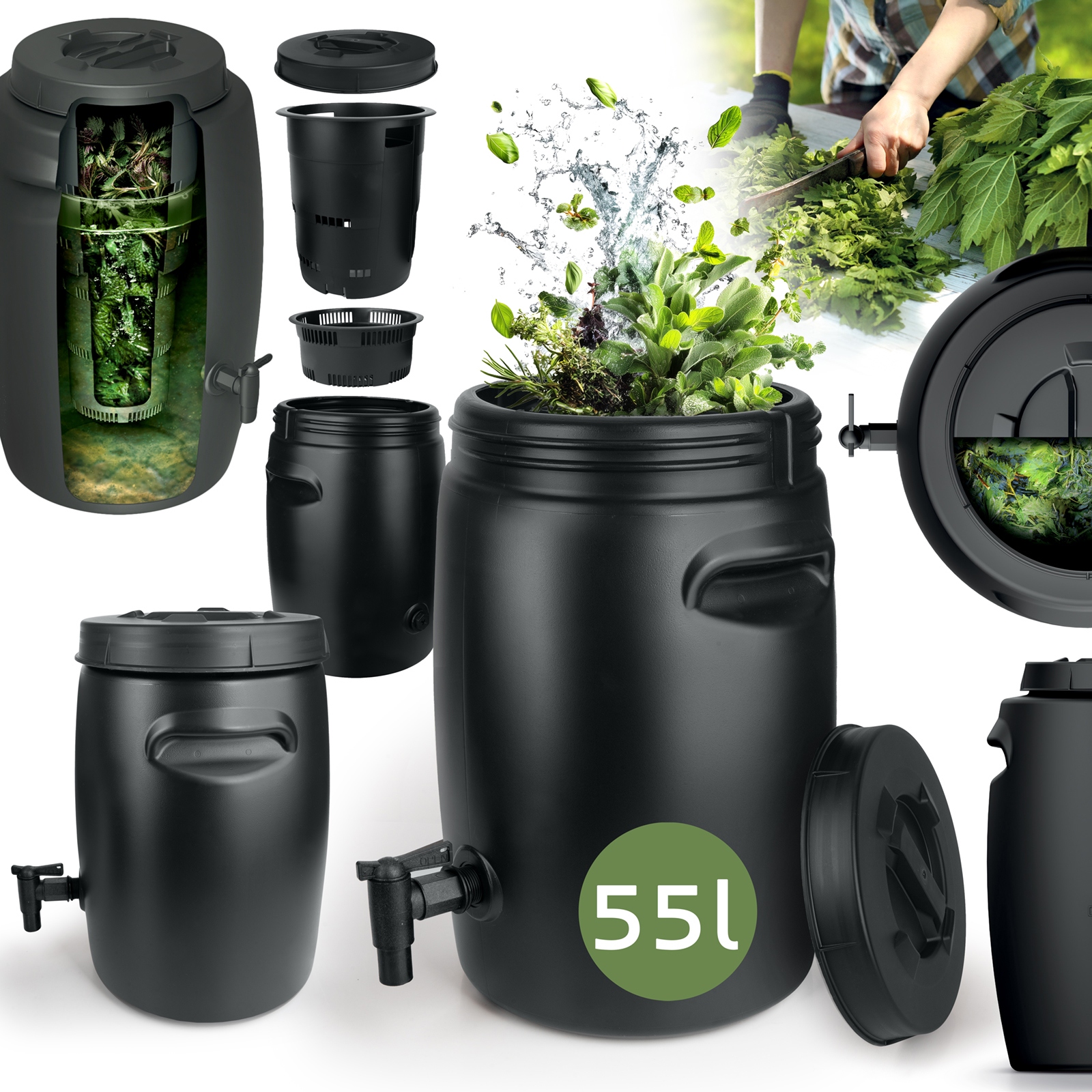 Kompostownik Zbiornik na Nawóz Ogrodowy Płynny Beczka z Kranem Czarny 55L