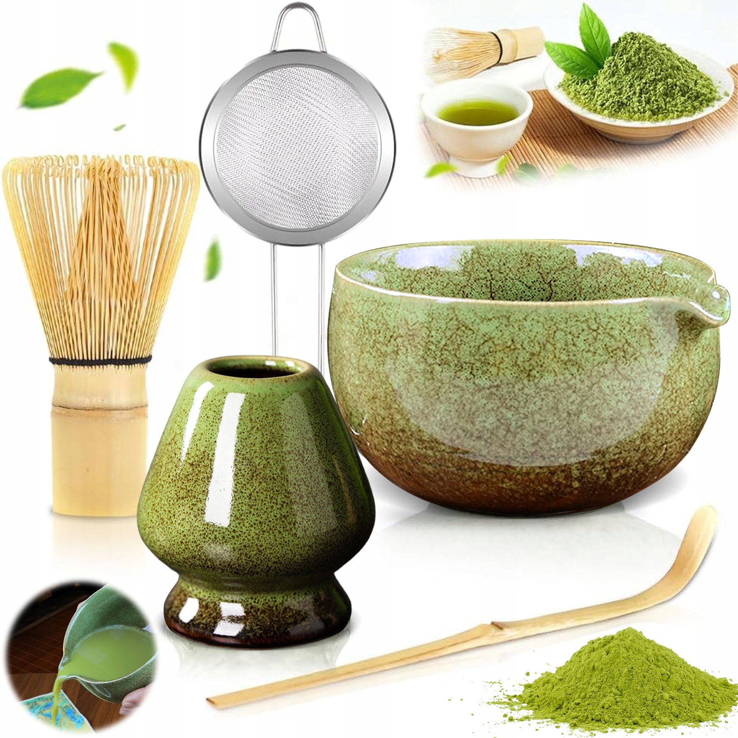 Dárková Sada Na Matcha Čaj Šálek Metlička Podstavec Lžička