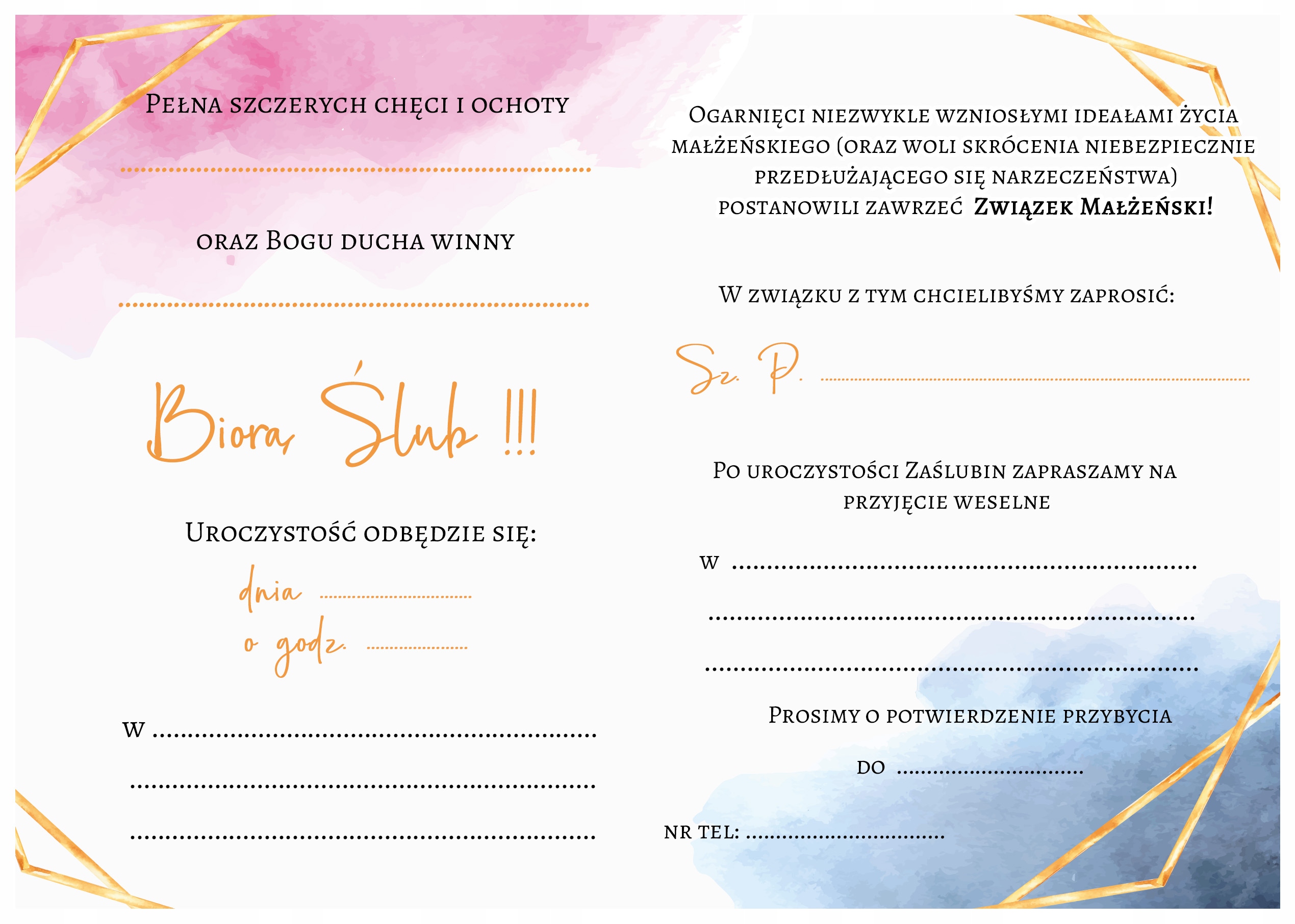 ZAPROSZENIE ŚLUBNE NA WESELE Pastelowe Rustic SG Marka inny