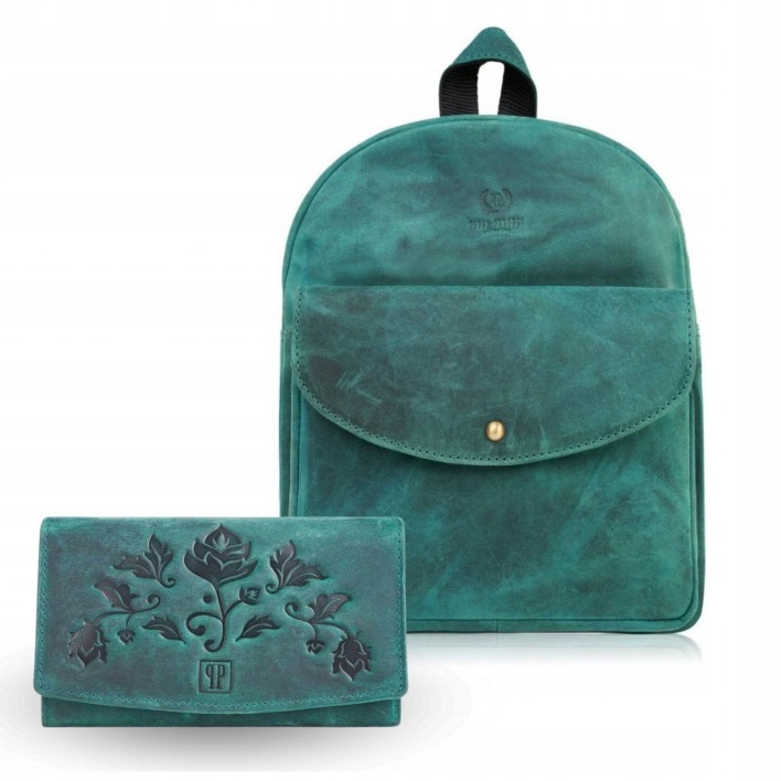Dárková dárková sada dámského koženého Batoh a dámské kožené peněženky v zelené barvě