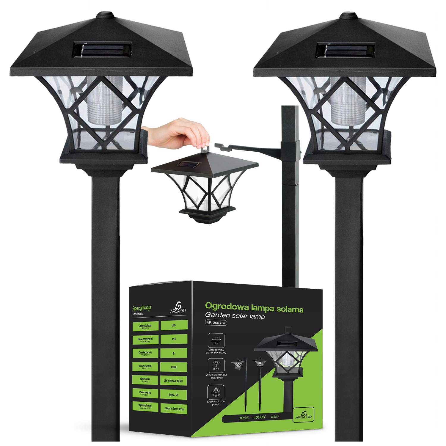 2x Latarnia Lampa Solarna Ogrodowa Led Lampion Czujnik Zmierzchu 150CM