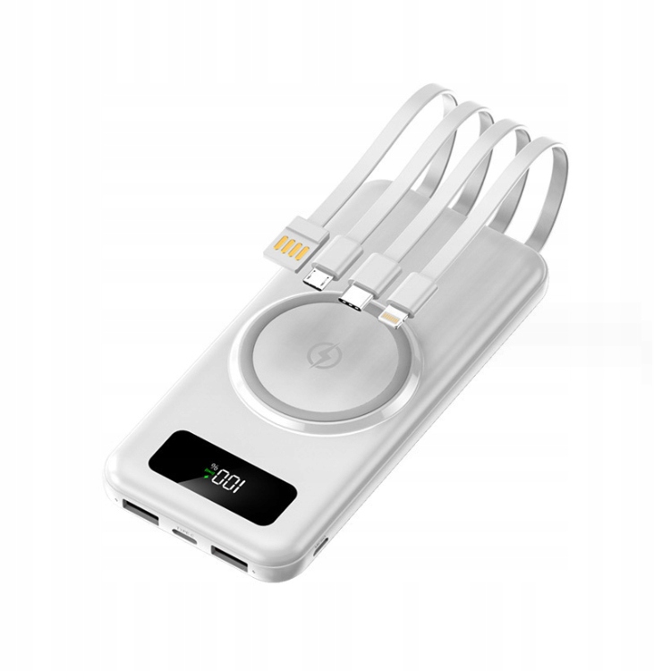 Nowoczesny Powerbank 20000 mAh z wbudowanymi przewodami kolor Biały