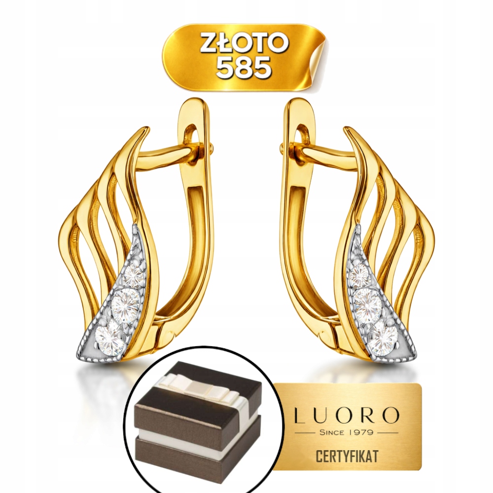 Náušnice Zlaté 585 14K Křídla Zirkony Anglické Zapínání 15,4 MM