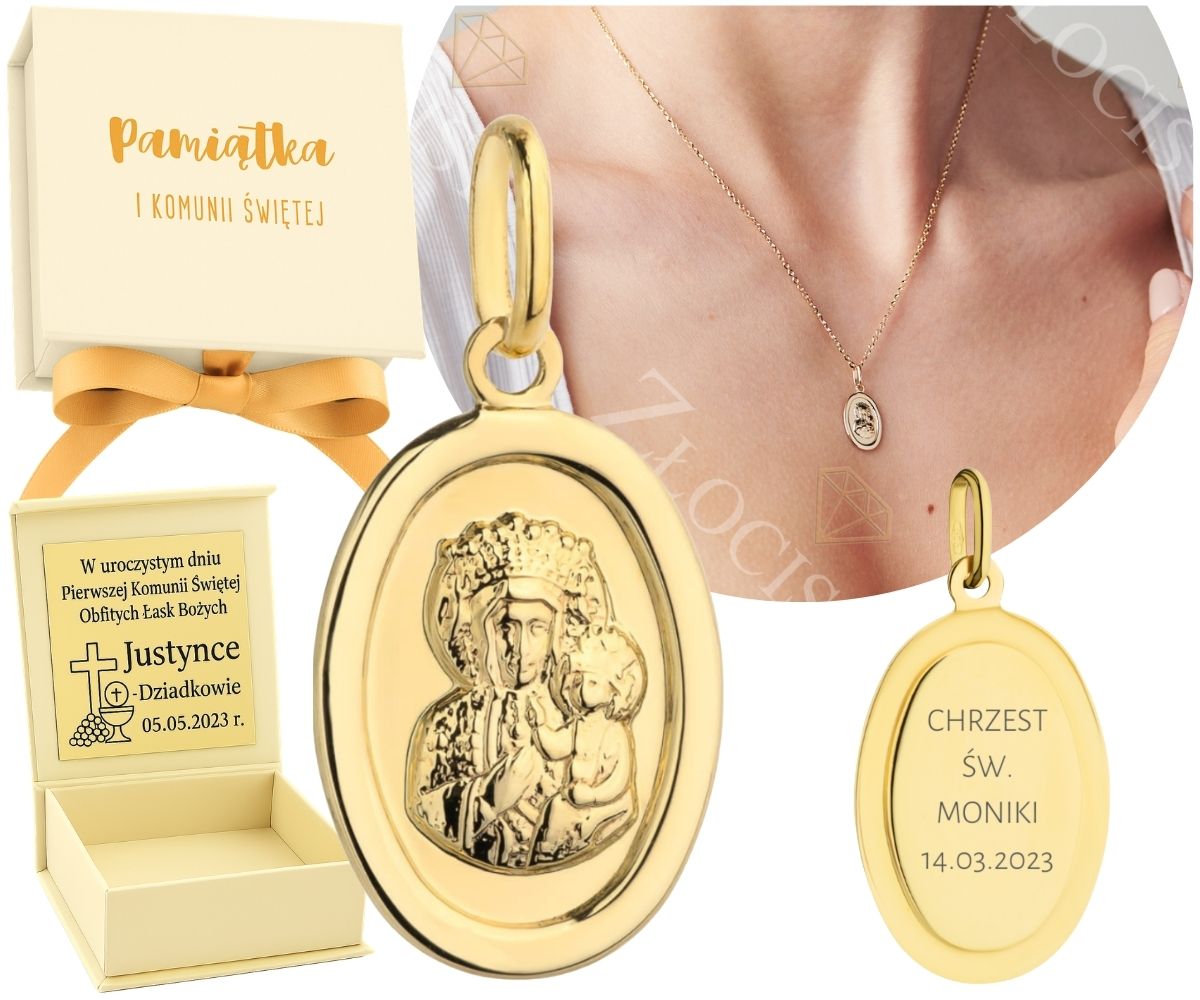 Zlatý Medailonek Panna Maria Čenstochovská Ovál 585 Gravírování Na Křtiny Komunie