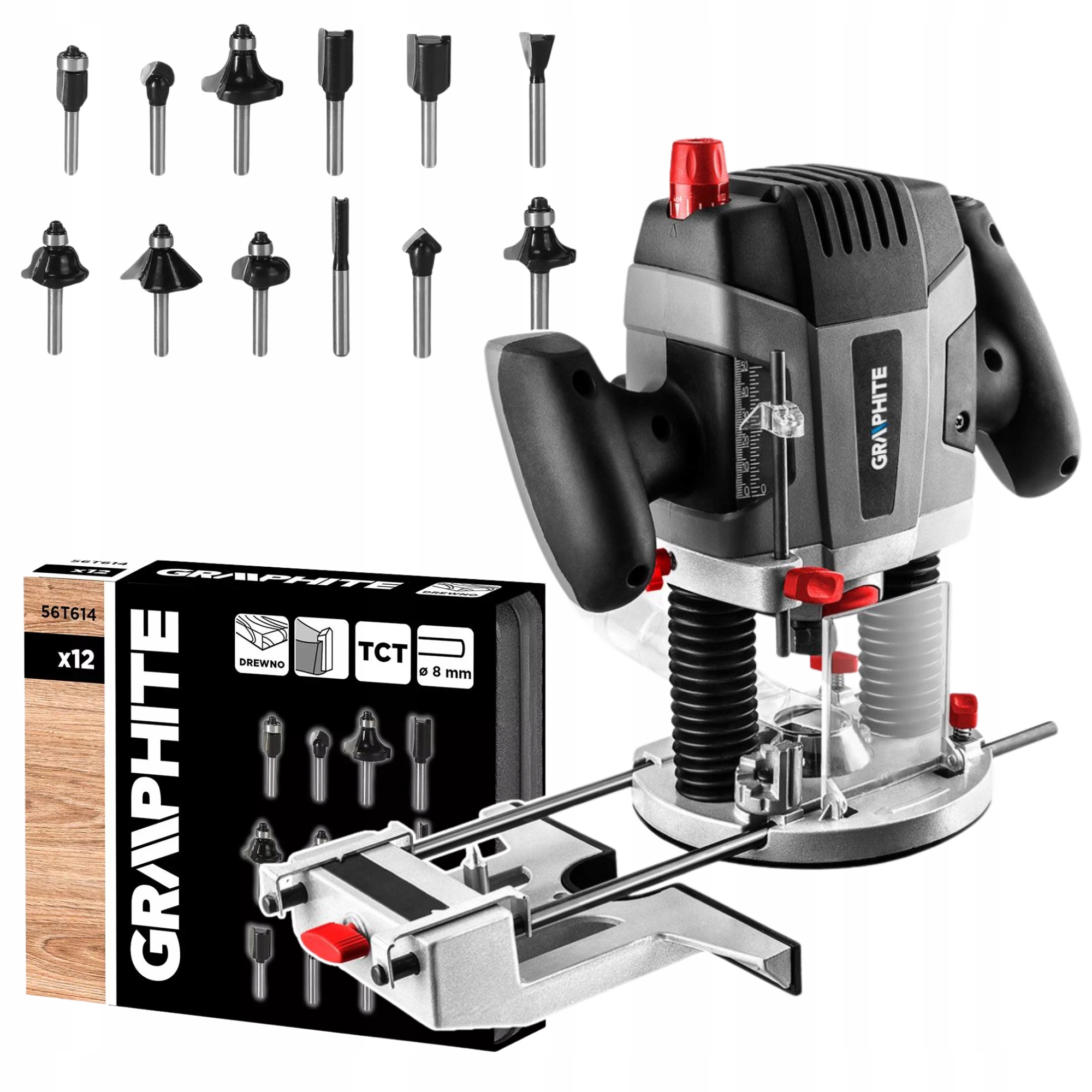 Frezarka Górnowrzecionowa 1300W Frezy 12 szt. Tuleje 6-8-12mm Graphite