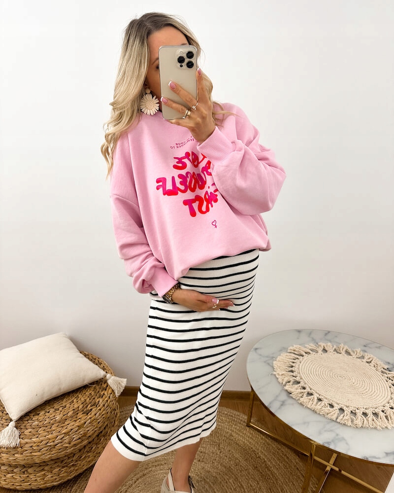Bluza Ciążowa Pudrowy Róż Różowa z Napisem Love Bawełniana Oversize