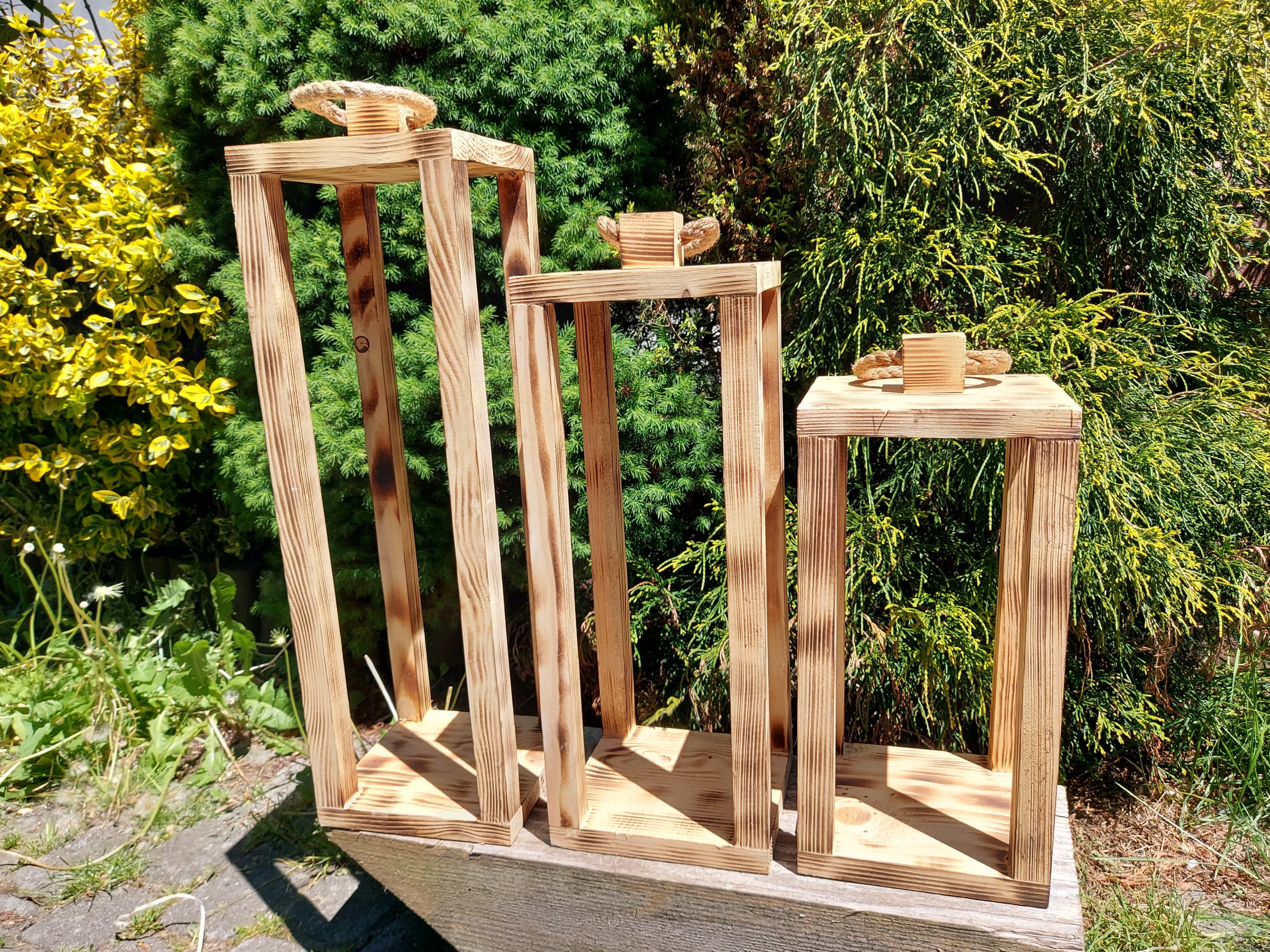 Sada 3 dřevěných opálených luceren 18x18x40, 18x18x50, 18x18x60 cm