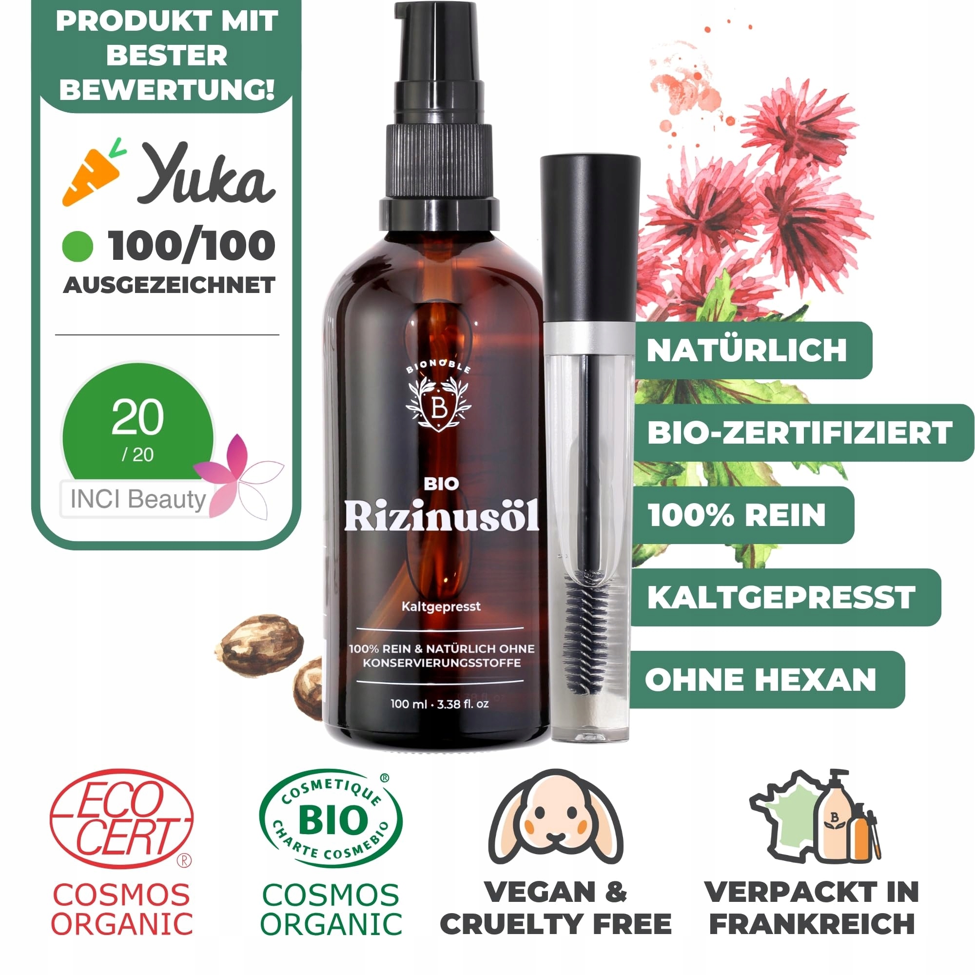 BIONOBLE Olej Rycynowy Bio 100ml Naturalny Do Włosów Brwi Rzęs Paznokci — miniatura 2
