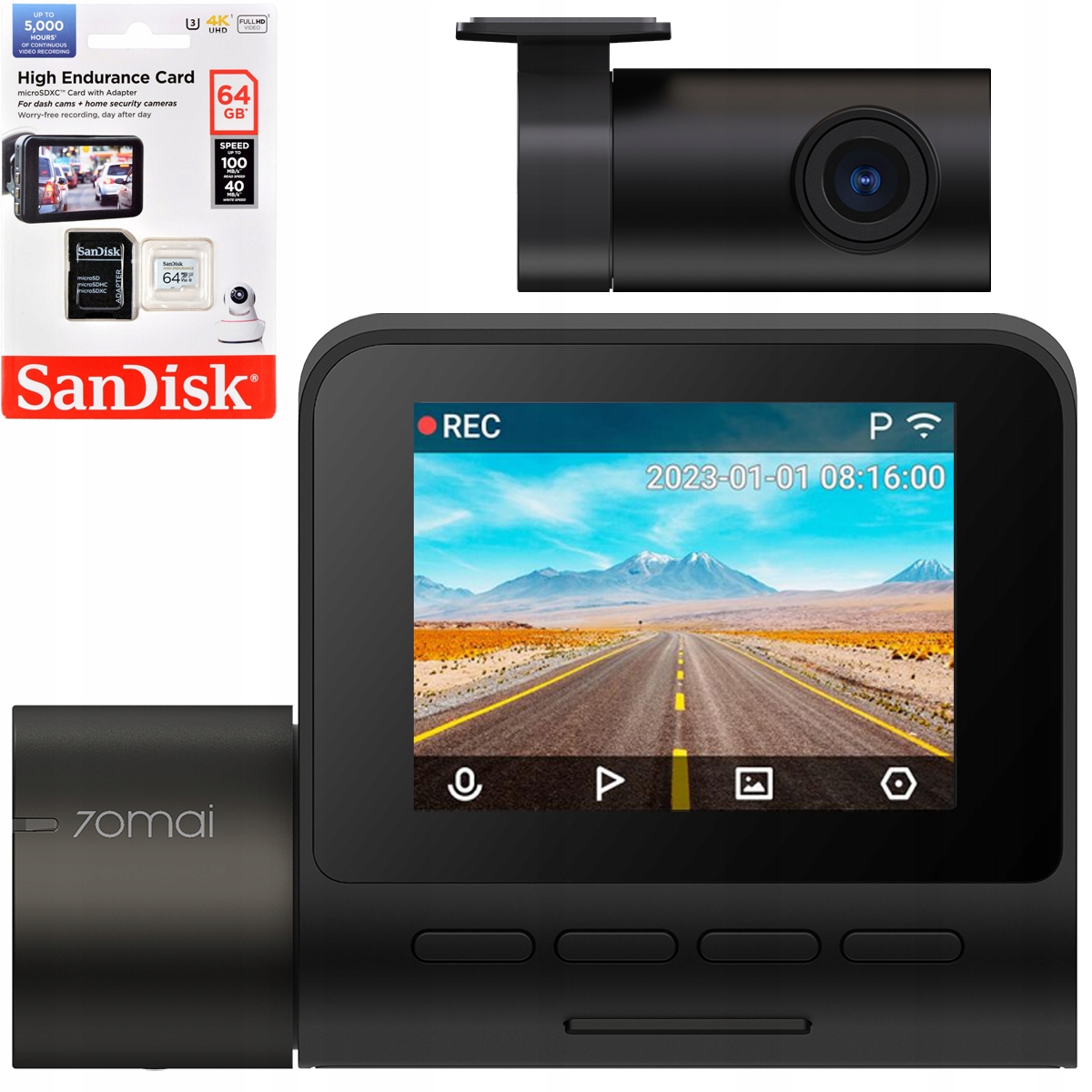 Kamera samochodowa 70mai Wideorejestrator A200 tylna RC11 karta 64GB