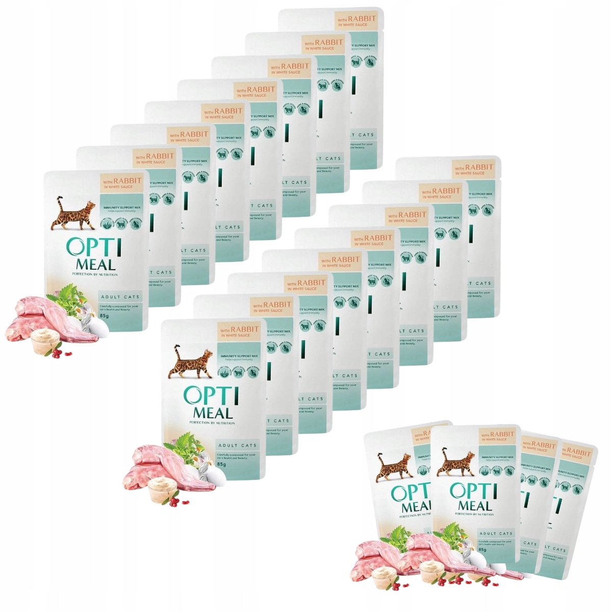 Levně Mokré krmivo pro kočky 48 x 85 g s králíkem v bílé omáčce Optimeal