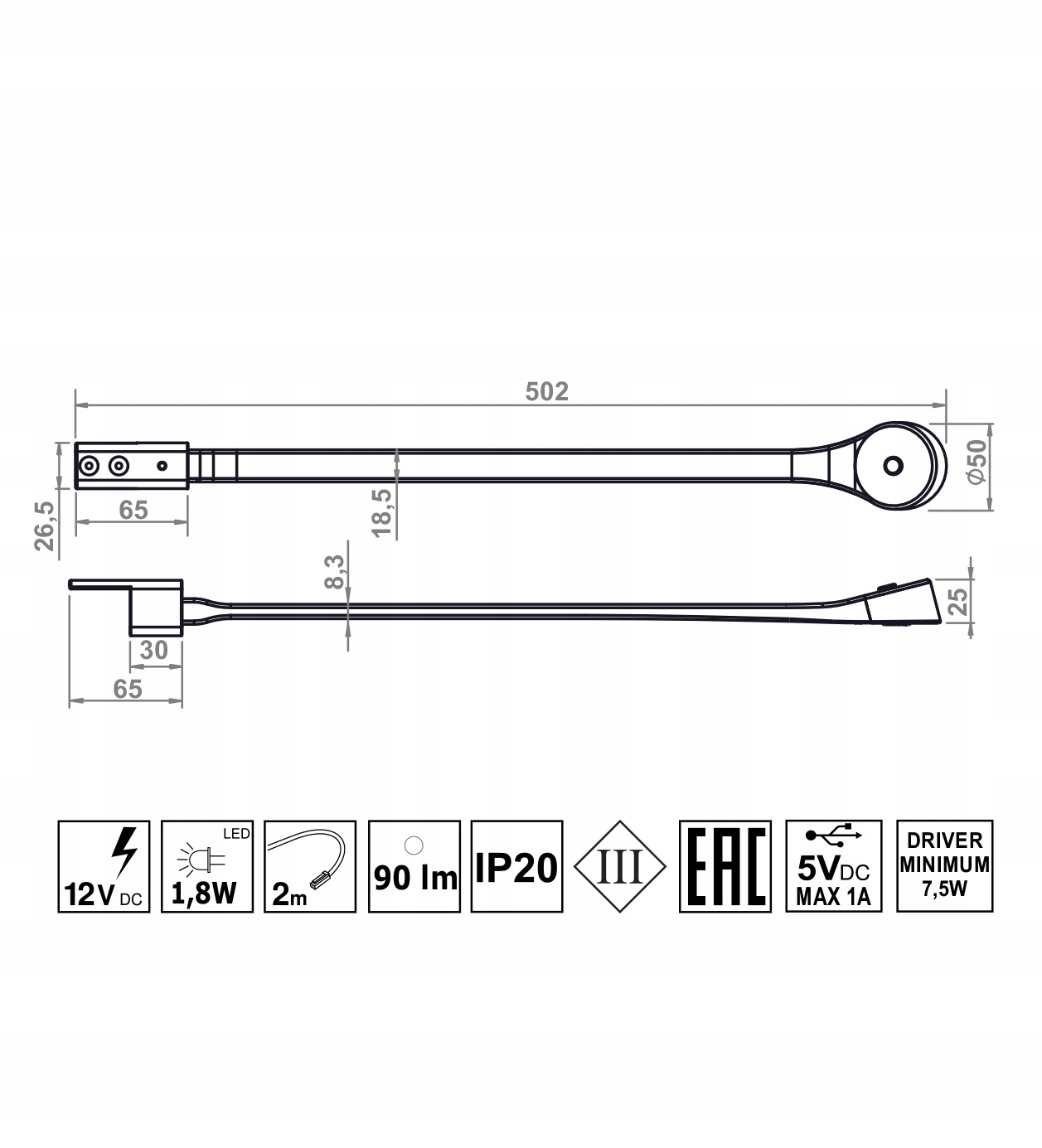 2x lampka nocna regulowana do czytania FLEXI LED Długość/wysokość 50 cm