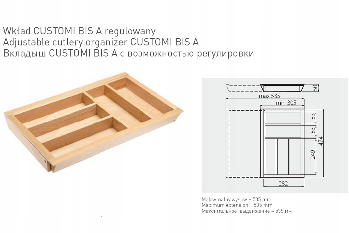 Regulovateľná (buková) vložka do skriniek 400-600 mm hĺbka 474 mm Gtv