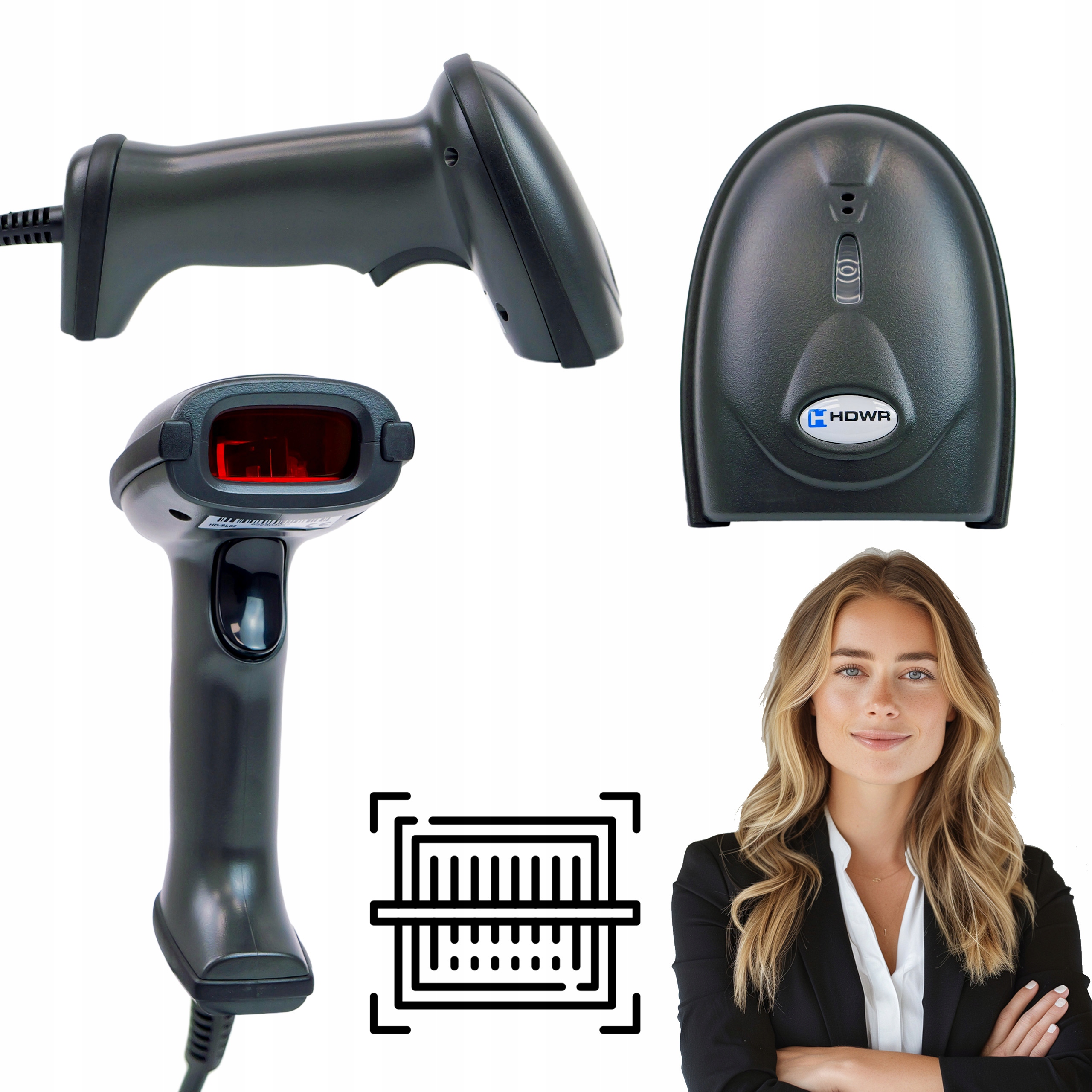 Čtečka čárových kódů 1D kabelový skener odolný proti pádům, černá