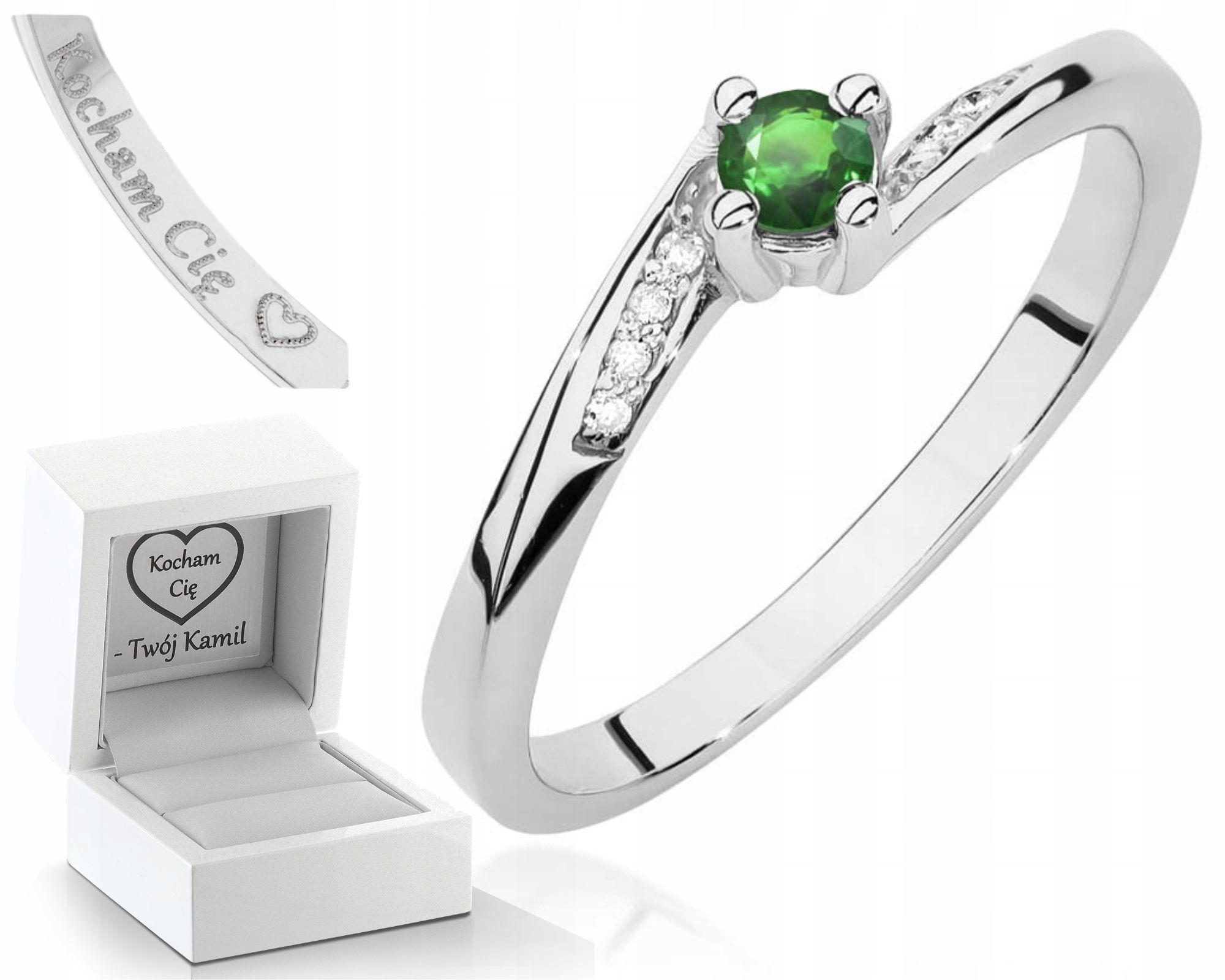 Zlatý Prstýnek Zásnubní Smaragd Bílé Zlato Gravírování 585 Dárek