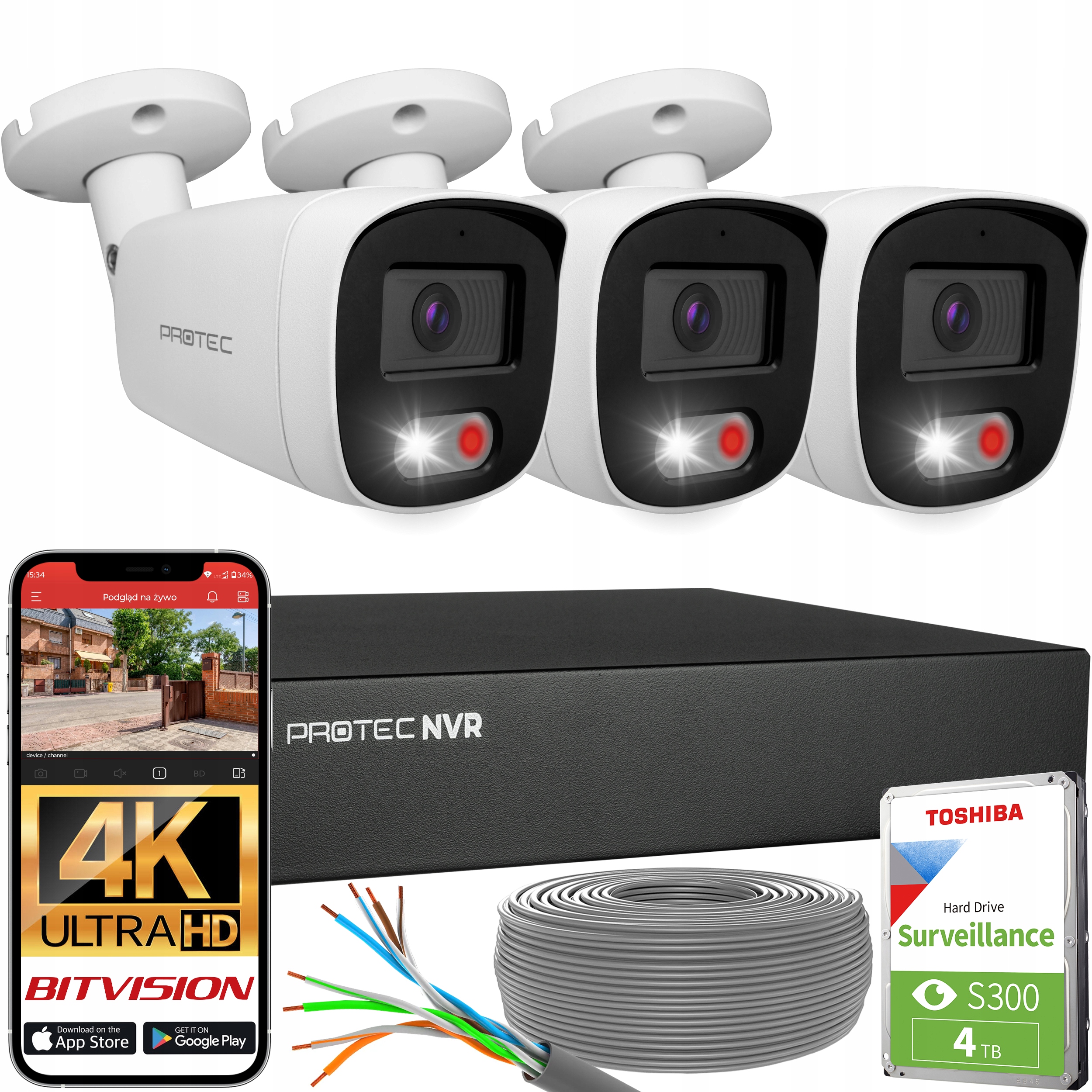 Sada 3 kamer Ip PoE Mikrofon Detekce lidí a vozidel 8Mpx 4K s Hdd 4TB