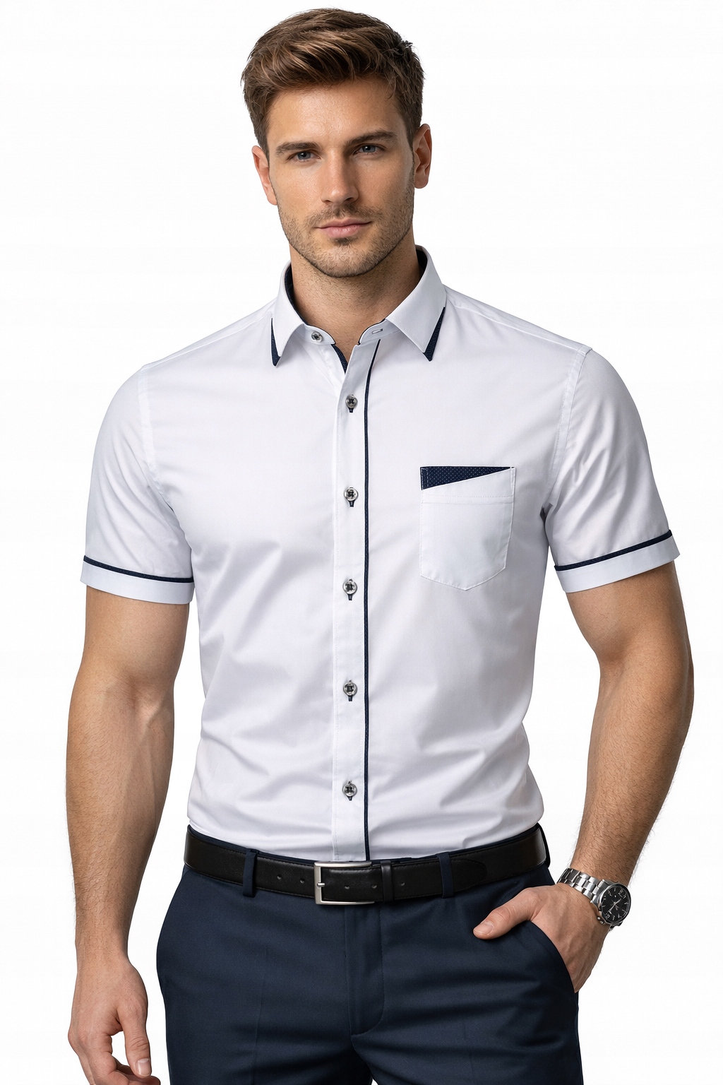 Pánská košile Modely Bílá s modrými vložkami Slim L 41/42 Kr. rukáv