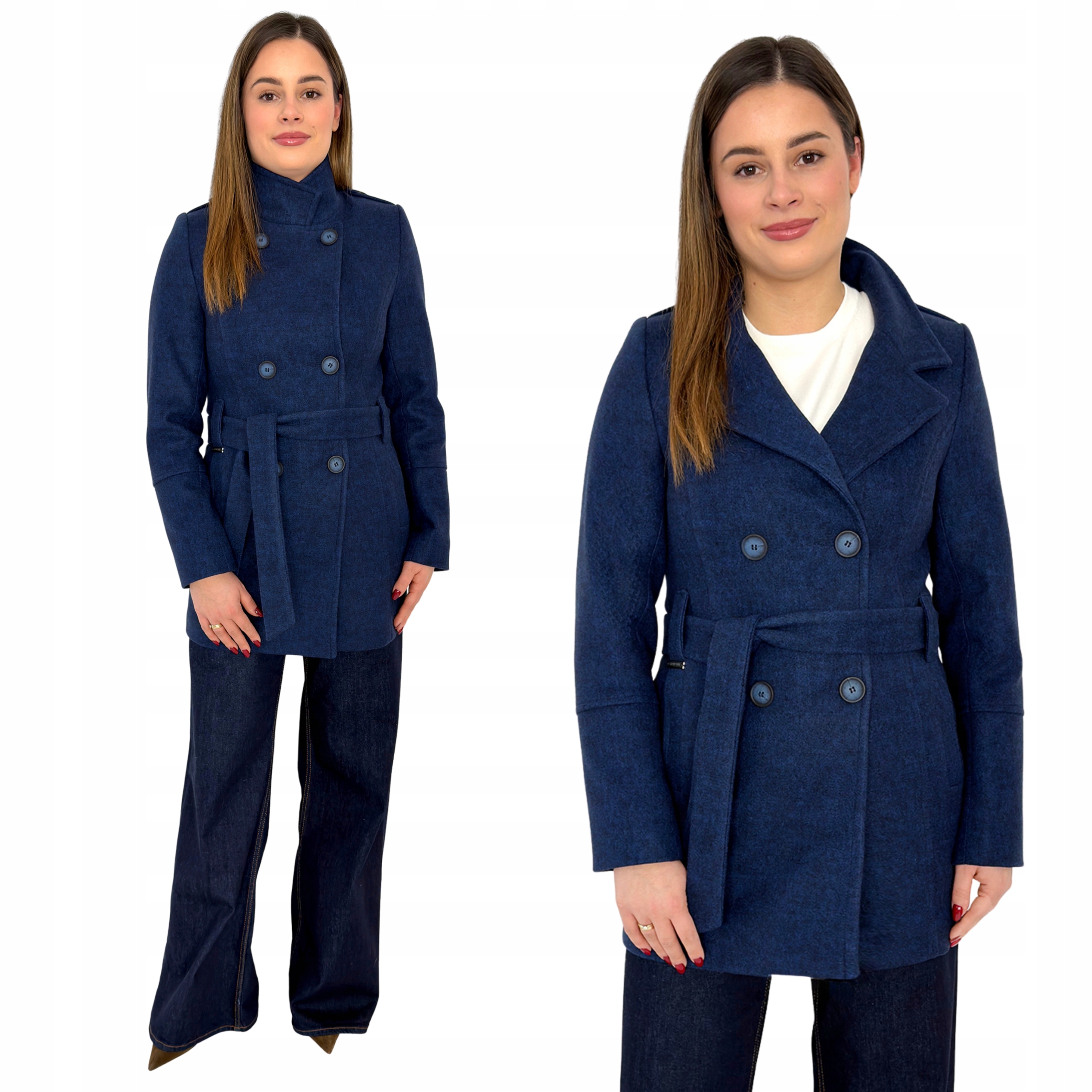 Dámský jarní dvouřadý kabát se stojáčkem a páskem Klara námořnická modrá Estodo