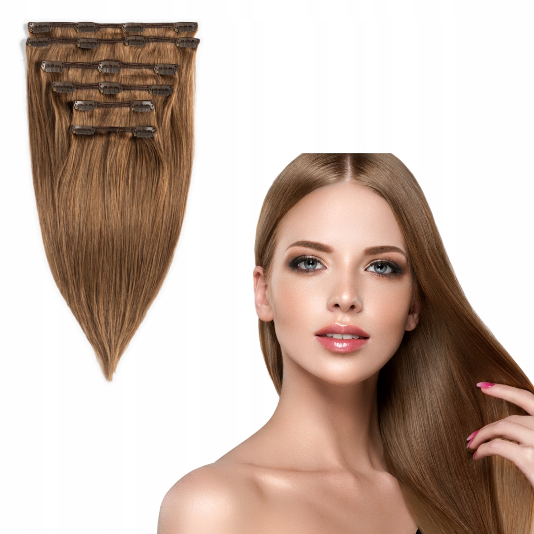 Připínací Vlasy 100g přírodní Clip In 30 cm #8 tmavě blond dopňky