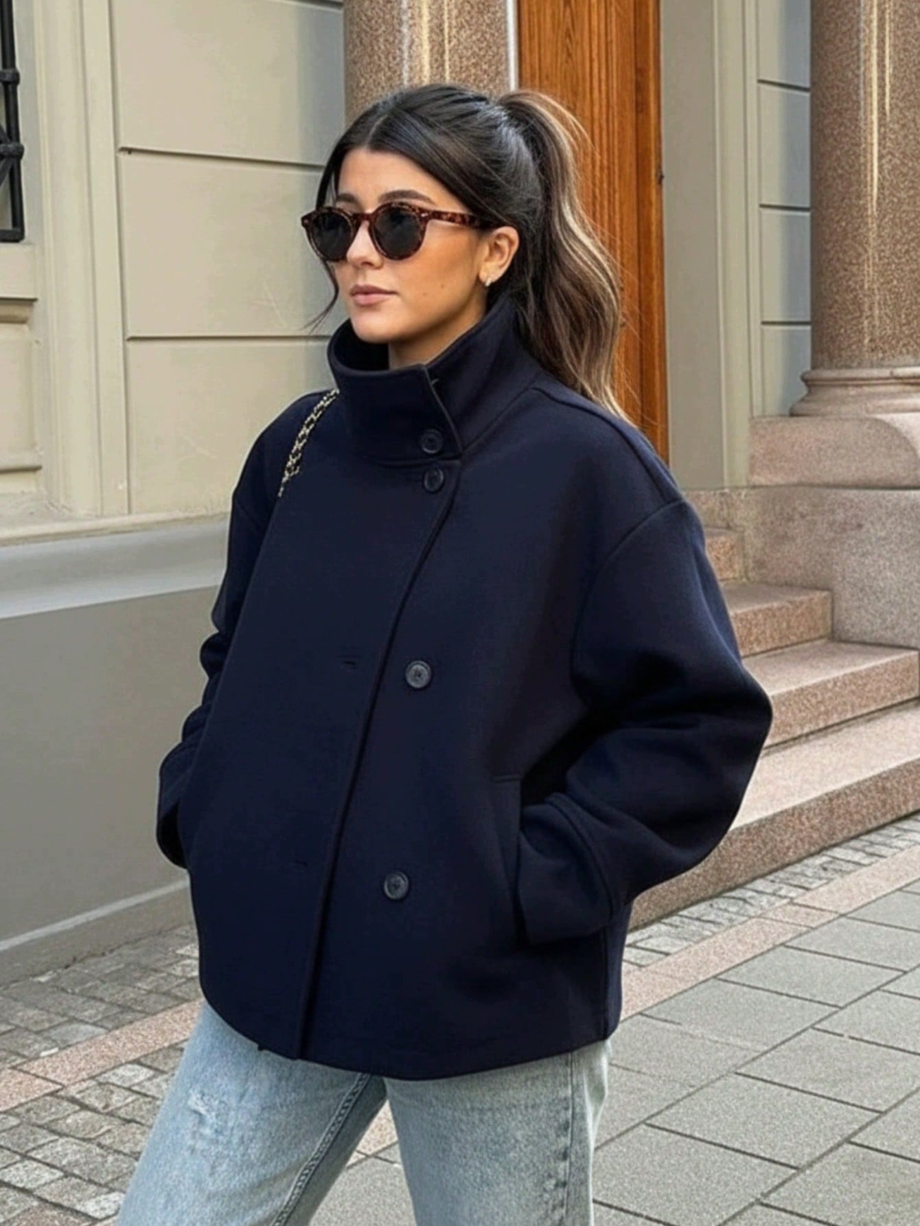 Shein Modrý Klasický Kabát S Polostojícím Límcem, Velikost 1CM