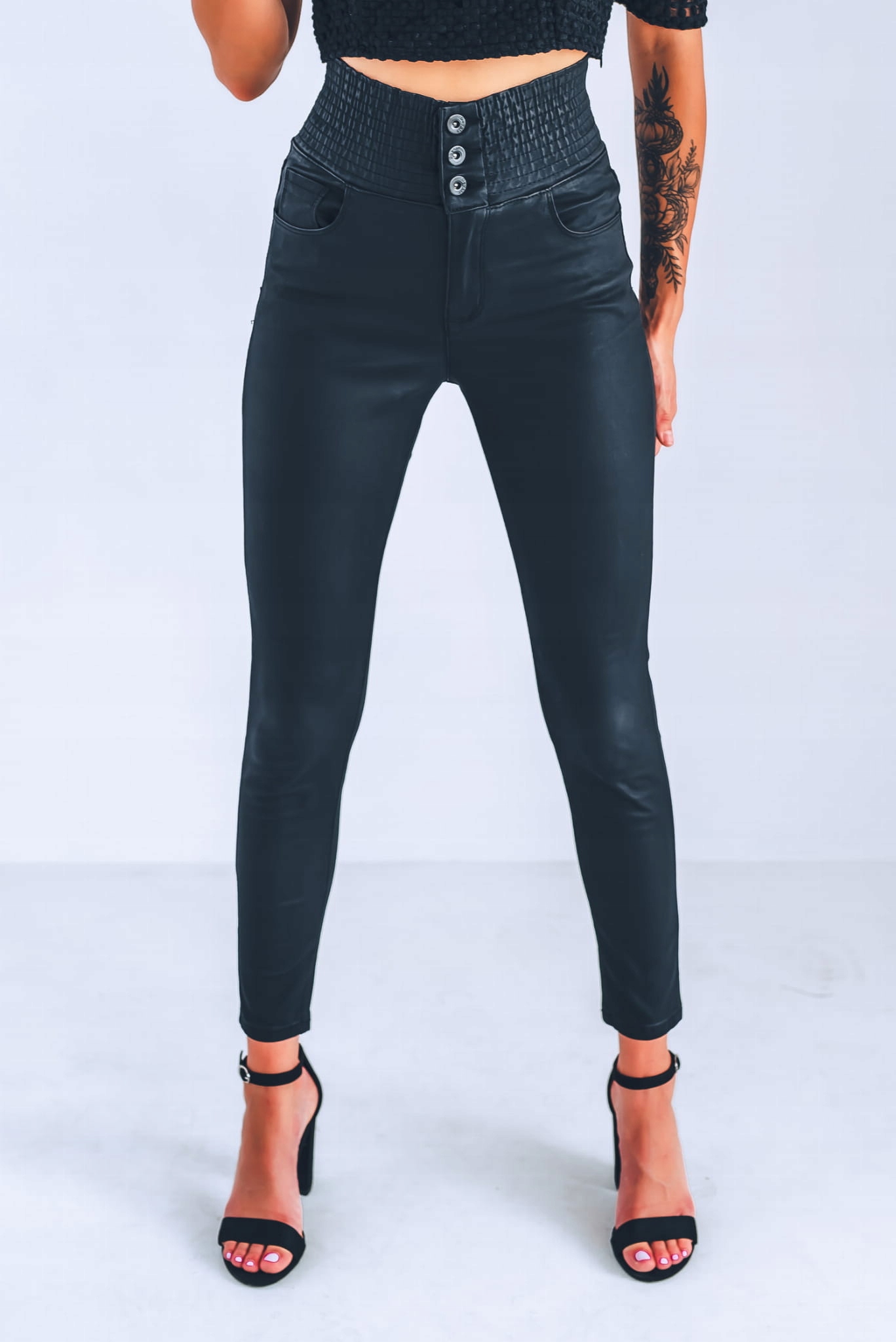 Woskowane spodnie damskie rurki guma w pasie S Wzór dominujący bez wzoru