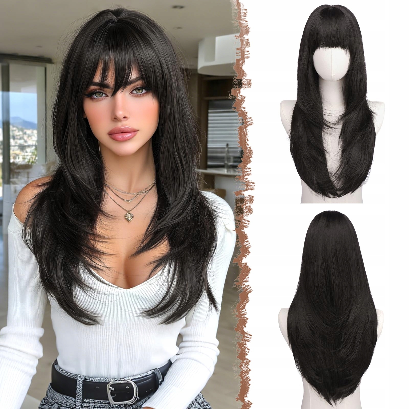 Feshfen Černo-hnědá vrstvená paruka s hřívou 60 cm Syntetická