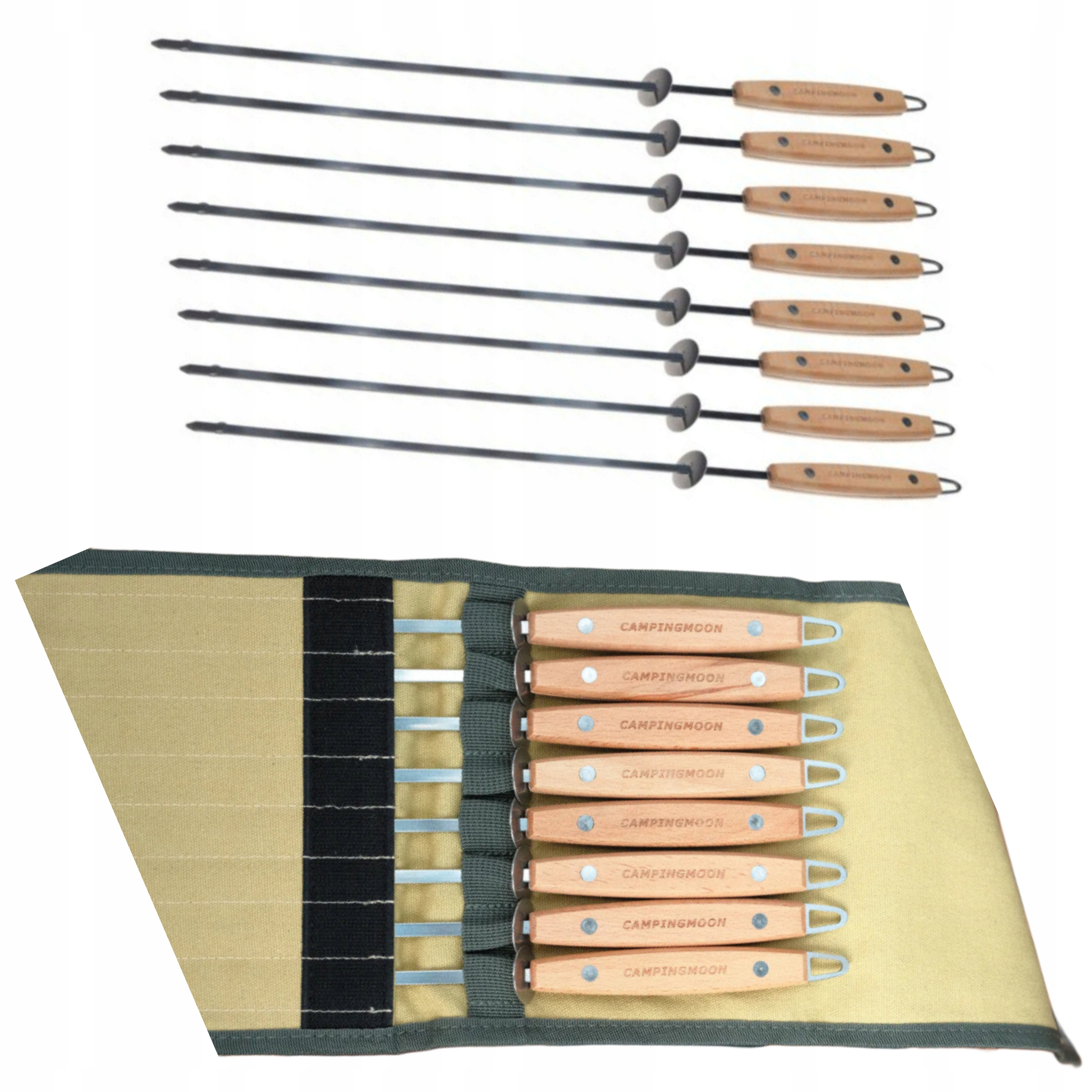 Campingmoon Grilovací Tyčinky Na Klobásy Nerezová Ocel Dřevo Pouzdro 8 Kusů