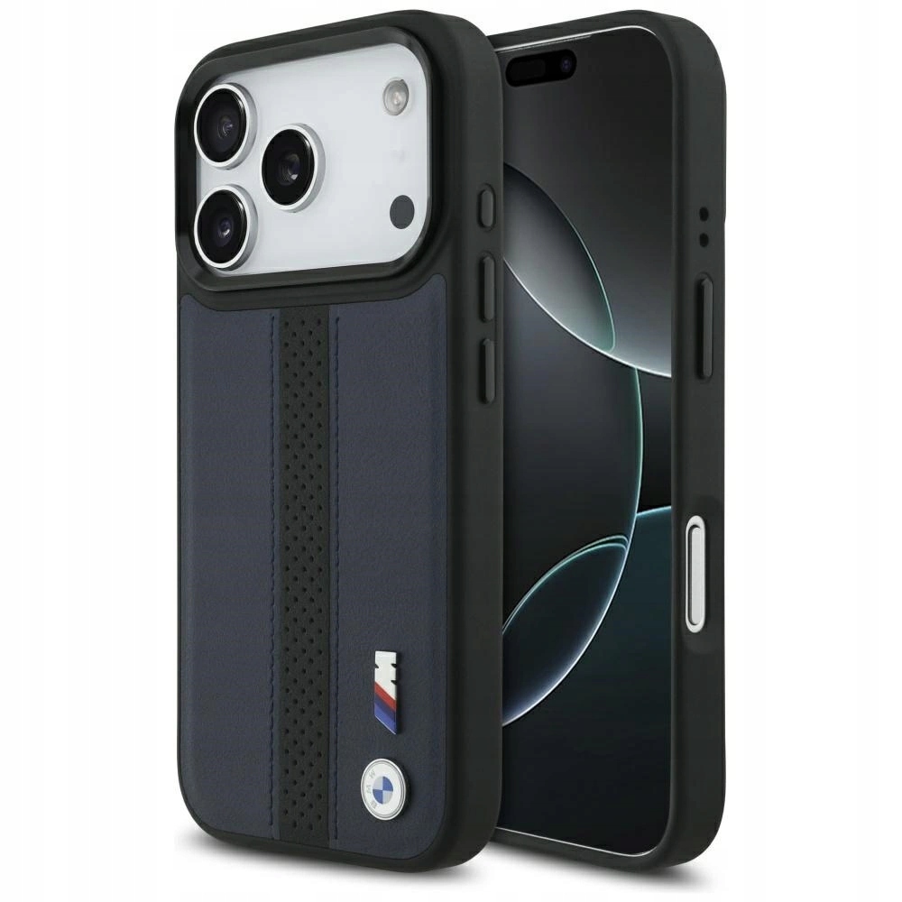 Pouzdro Bmw M Perforated Stripe Logo MagSafe pro iPhone 17 Pro tmavě modré
