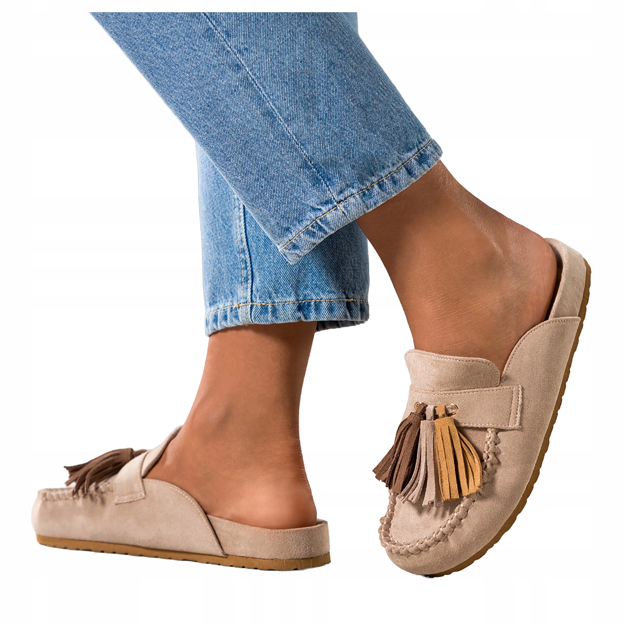 Béžové Nazouváky Dámské Semišové Pohodlné Lehké S Barevnými Chvojími vel. 37