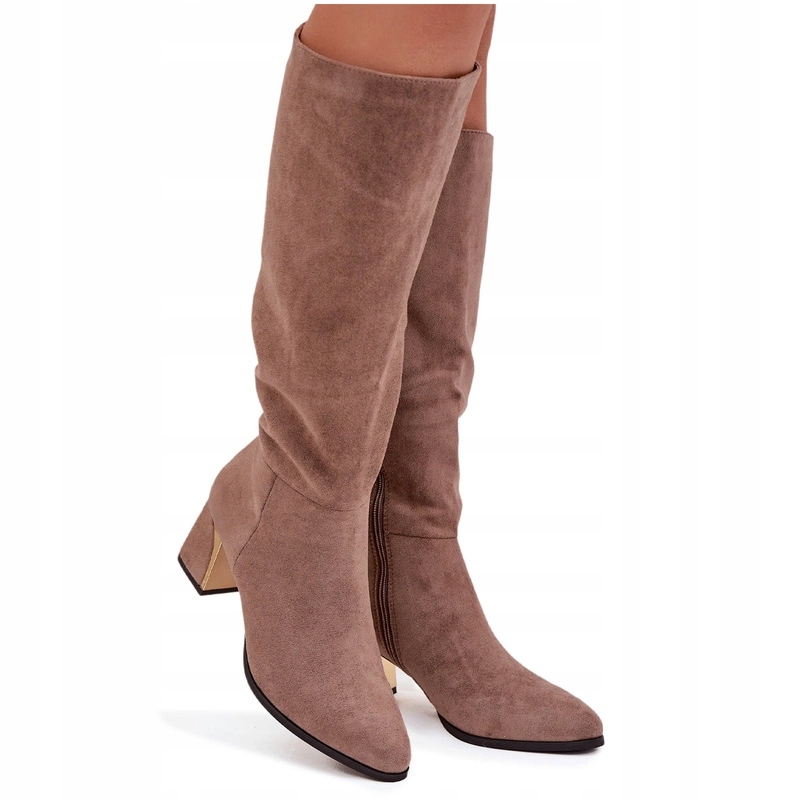 Dámské Kozačky Eko Semiš Podpatek Sloupek Se Zlatým Prvkem Béžová 38