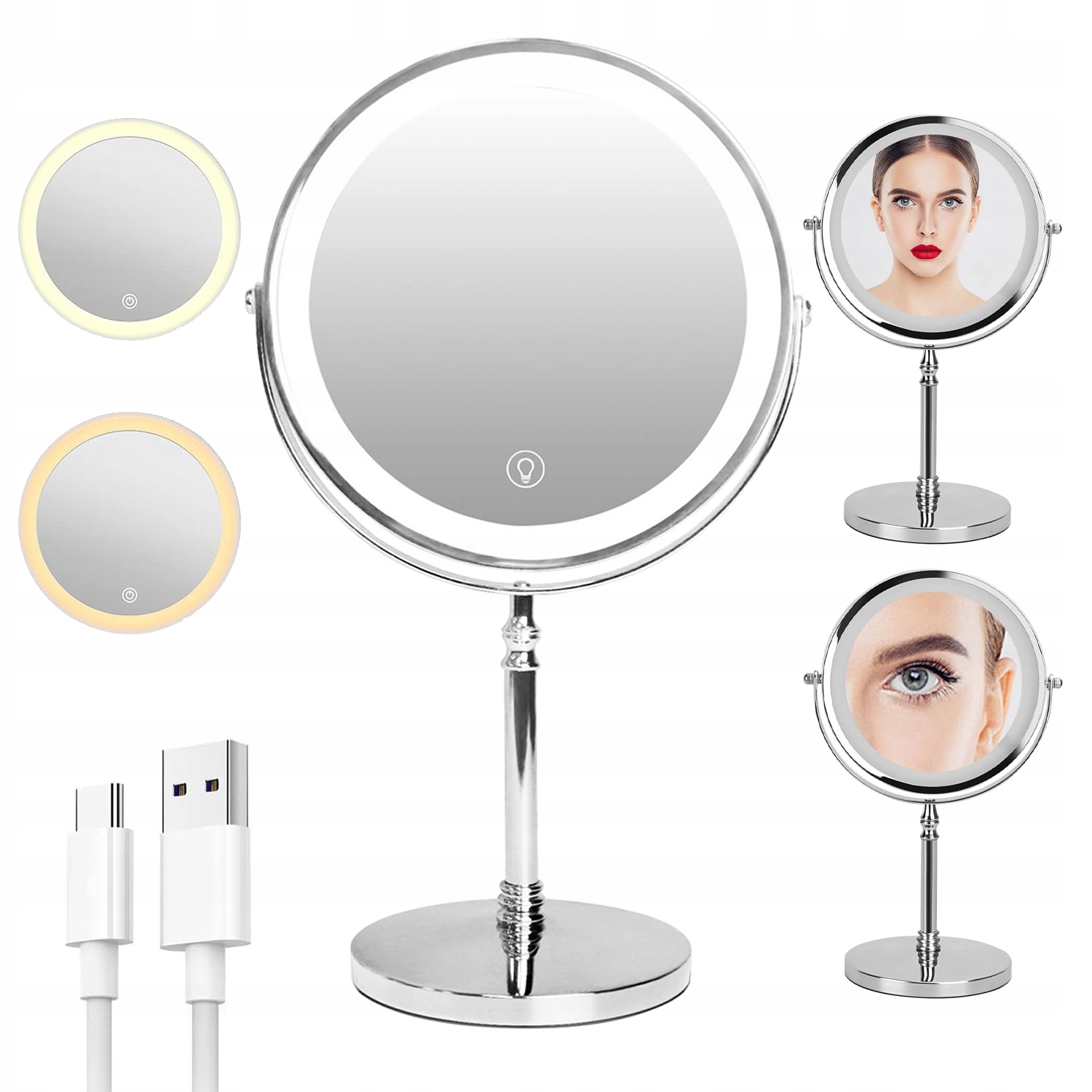 Oboustranné Kosmetické Zrcátko Na Make-up Otočné O 360° S 3 Barvami Led