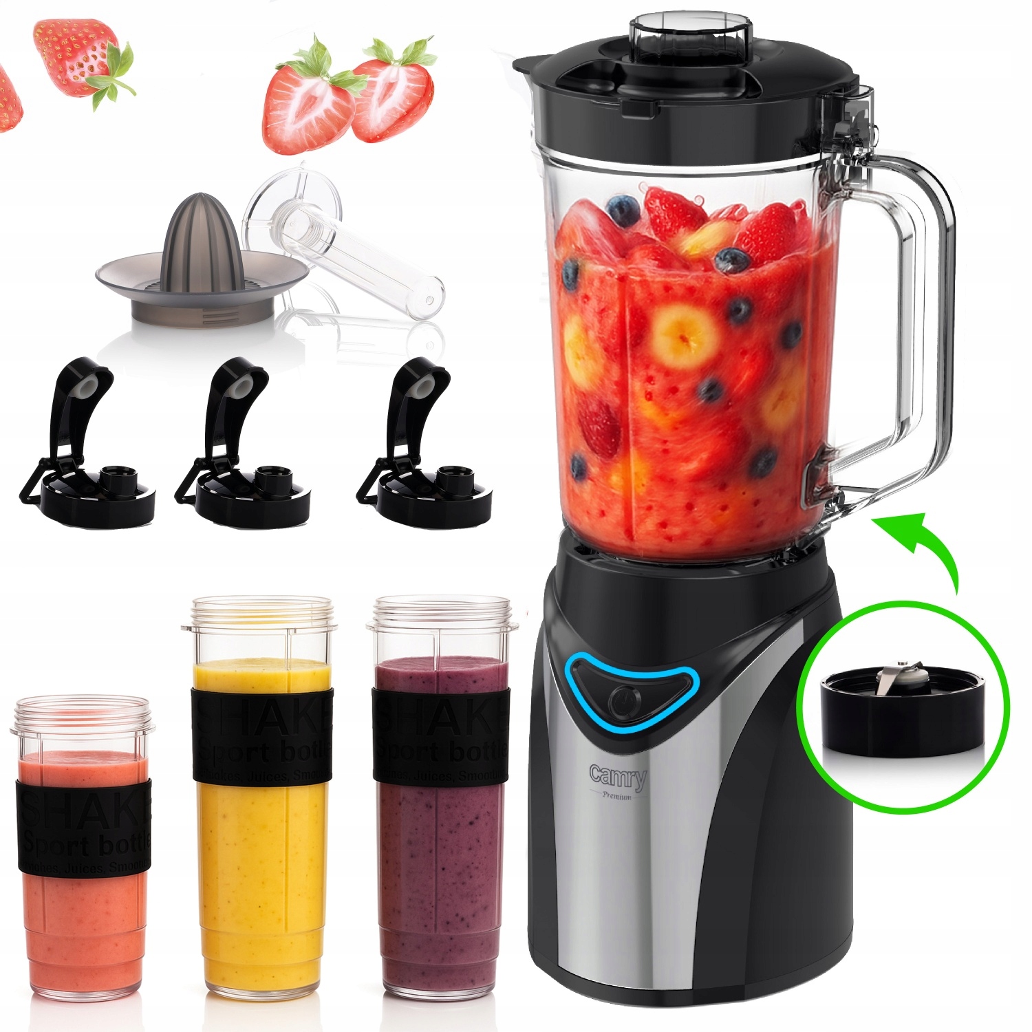 Sada Blender 1,2L 3 Bidony Mlýnek Odšťavňovač Chladicí vložka Výkonný 1300W