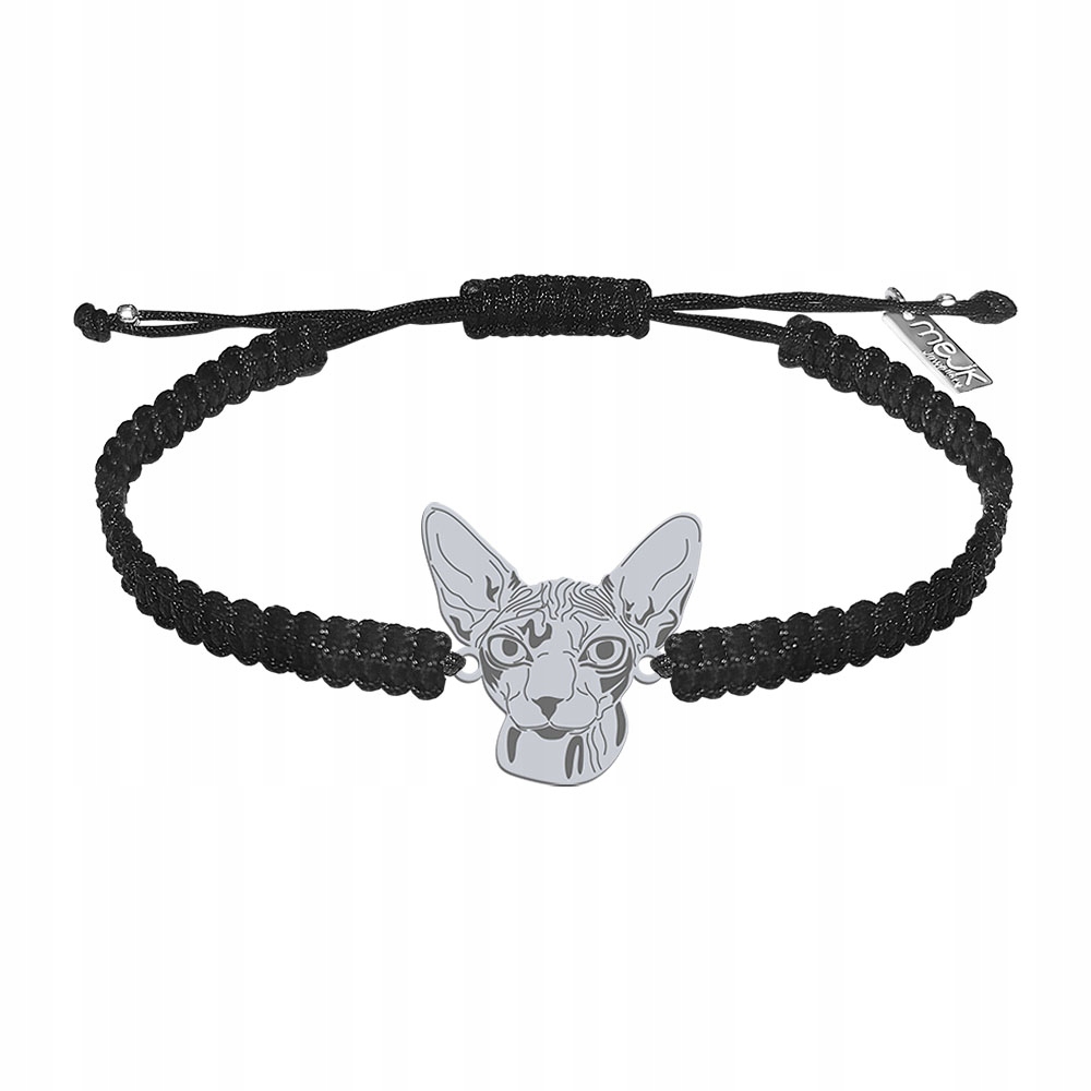 Stříbrný náramek s kočkou Sphynx 925 Makramé Šperky Dárek Gravírování