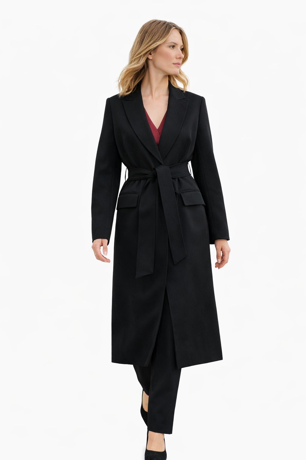 Černý Klasický Kabát S Dlouhým Rukávem A Páskem 1I3A