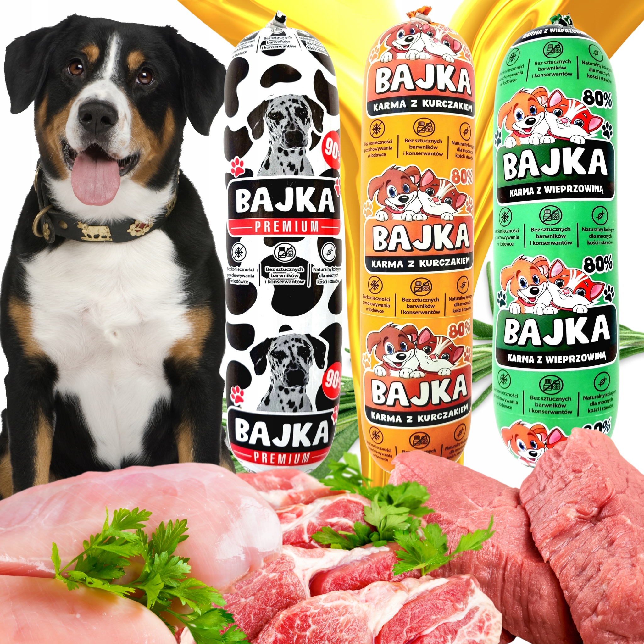 Karma dla psa mokra baton Bajka 80% i 90% mięsa trzy smaki 1kg 29 sztuk