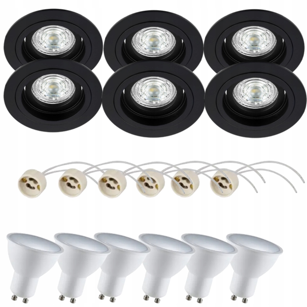 6x Oprawa halogenowa sufitowa okrągła czarna 6x żarówka GU10 neutralna
