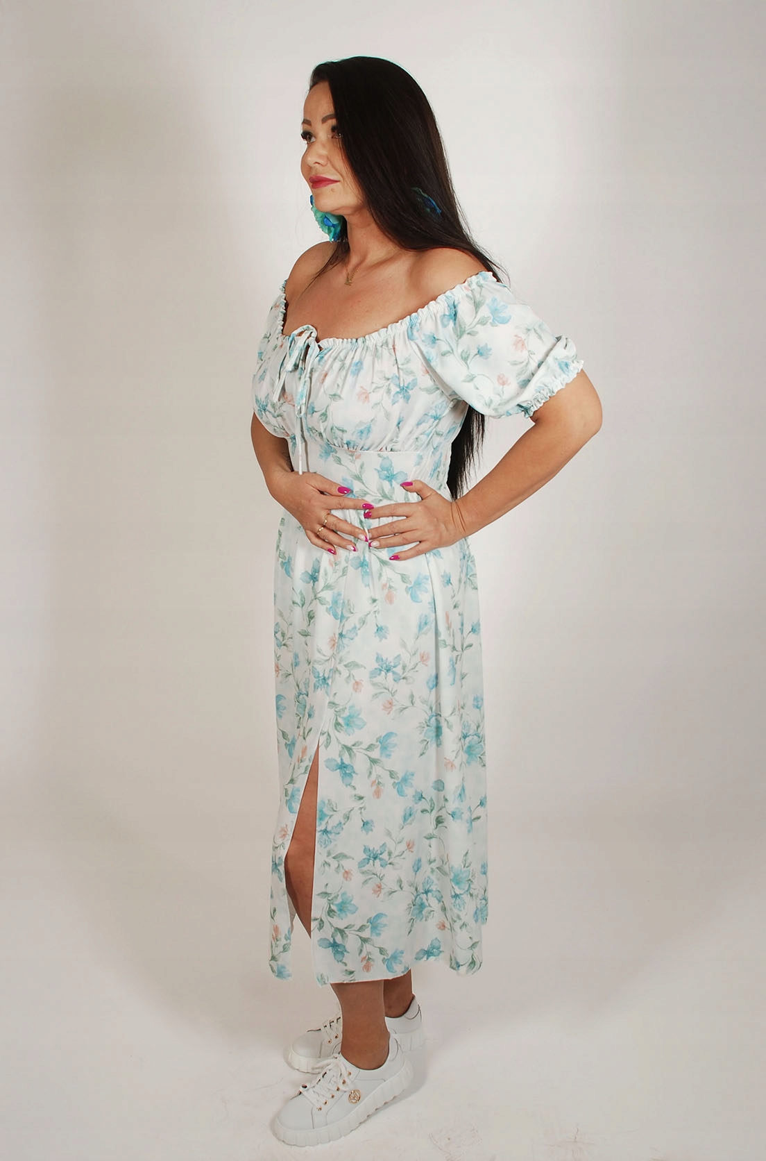 Italská Šaty Maxi Španělka Květiny Rozparek Vyrobeno v Itálii Bílá 36-42