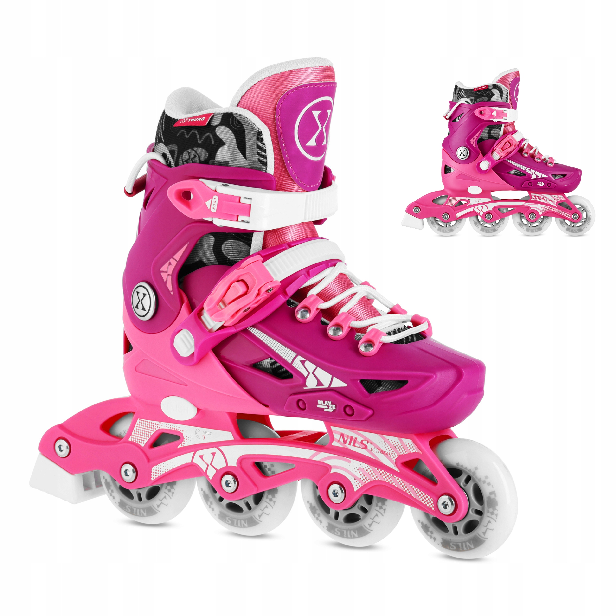 Brusle 2v1 růžové, nastavitelná kaučuková kola ABEC-7 35-38 Nils Extreme