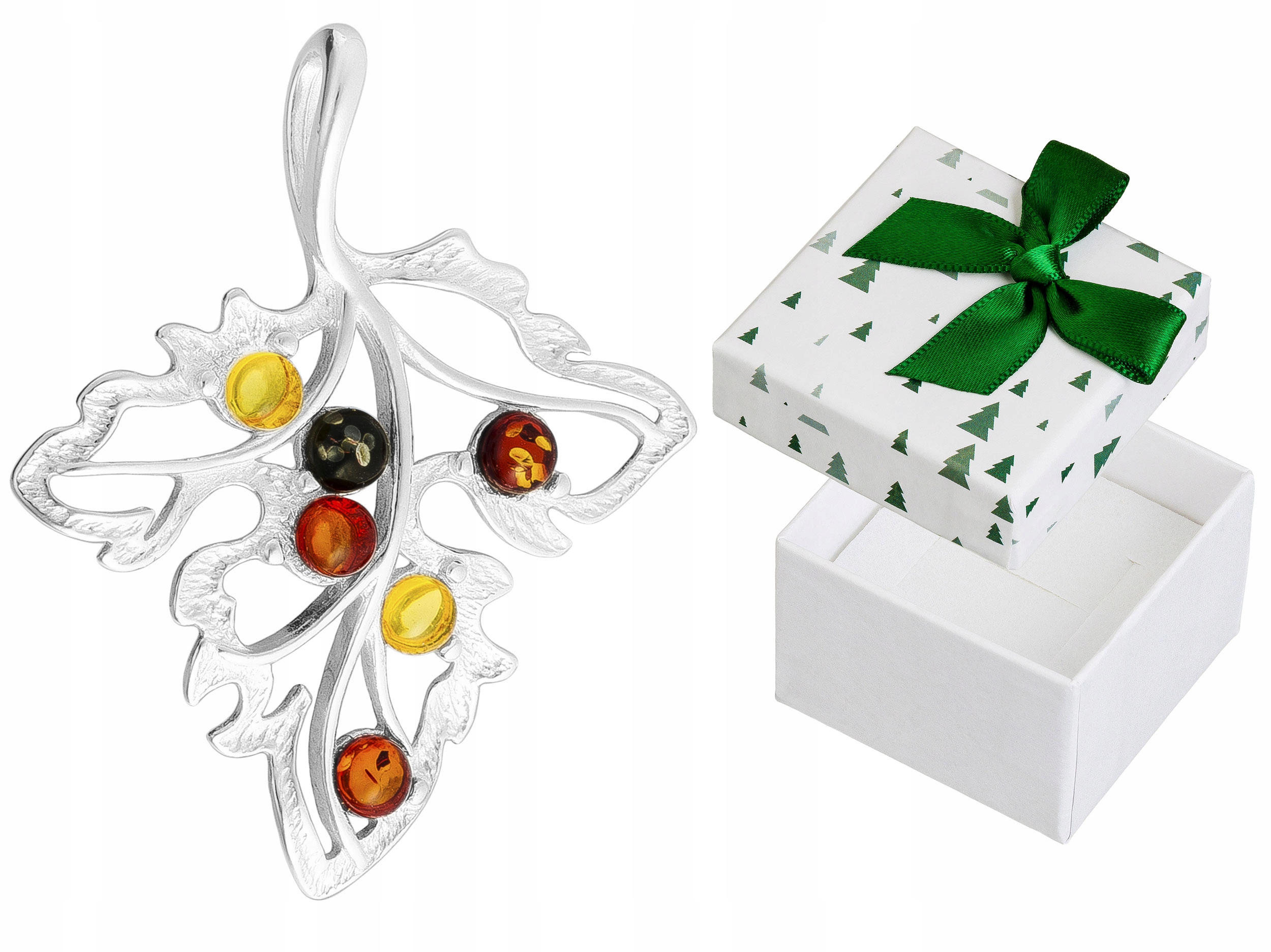 Stříbrný přívěsek Barevný list s jantarem Ažurový Přívěsek Lístek Stříbro