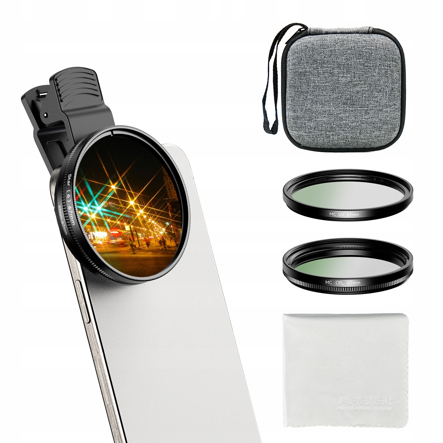 Apexel Sada filtrů pro telefon Cpl Uv Star 67 mm klip adaptér na 52 mm