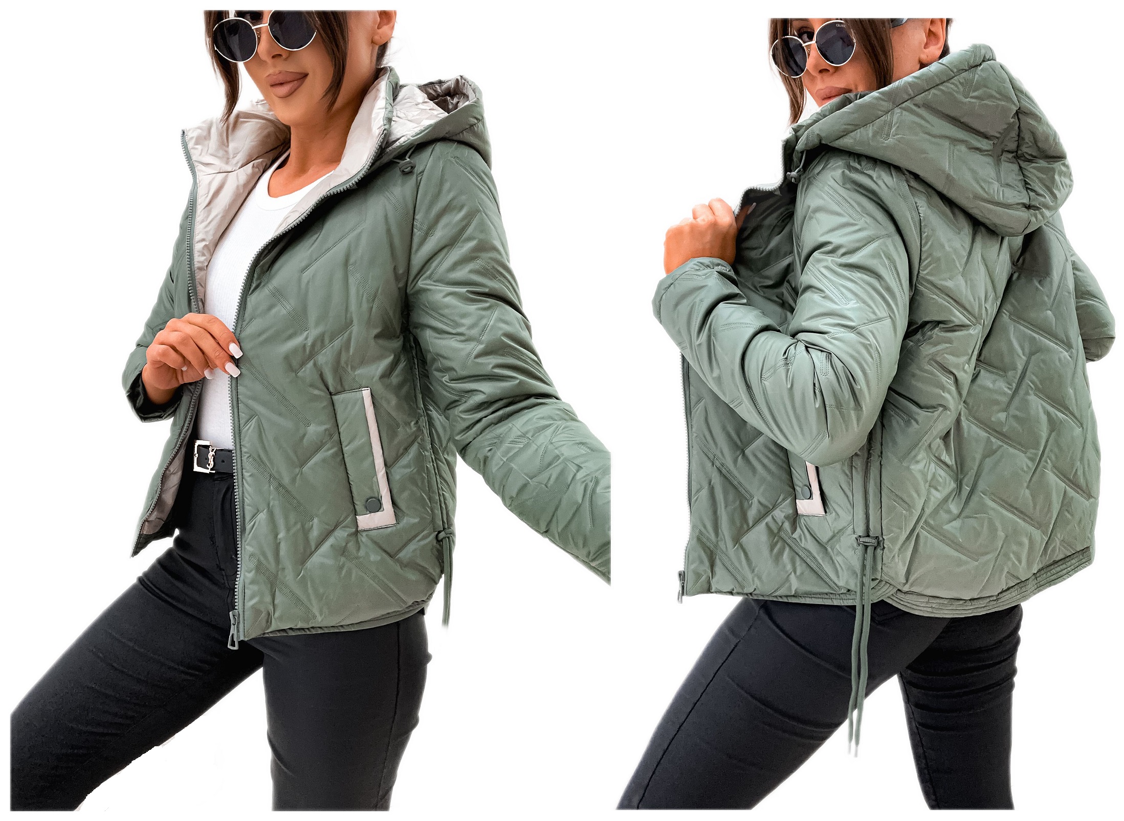 Jesienna przejsciowa pikowana kurtka damska z kapturem 8320Z r L