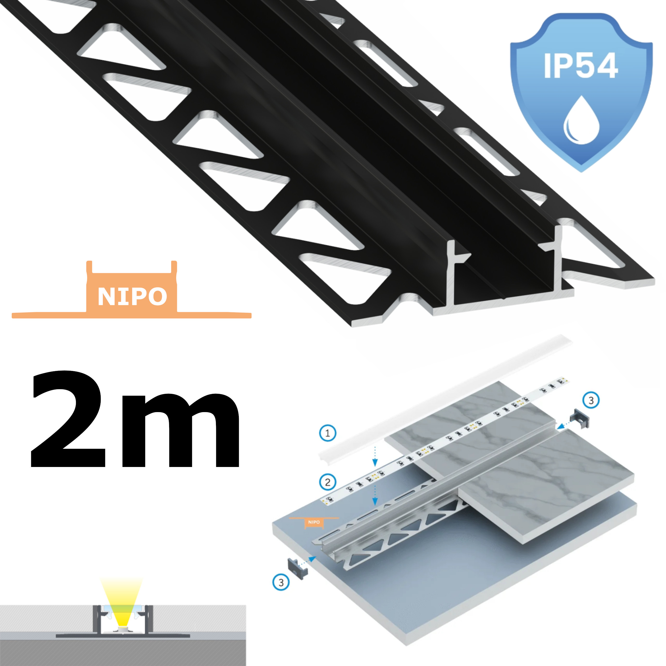 Led Profil Voděodolný Černý IP54 Typ Nipo 2 M Pro Koupelnu S Fasádními Dlaždicemi