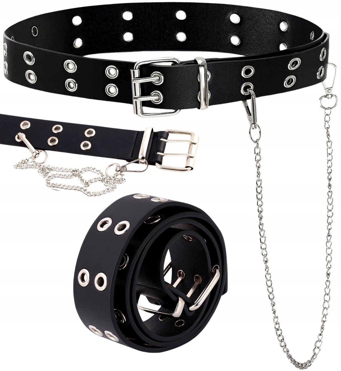 

Czarny Skórzany Damski pasek punk srebrny łańcuch