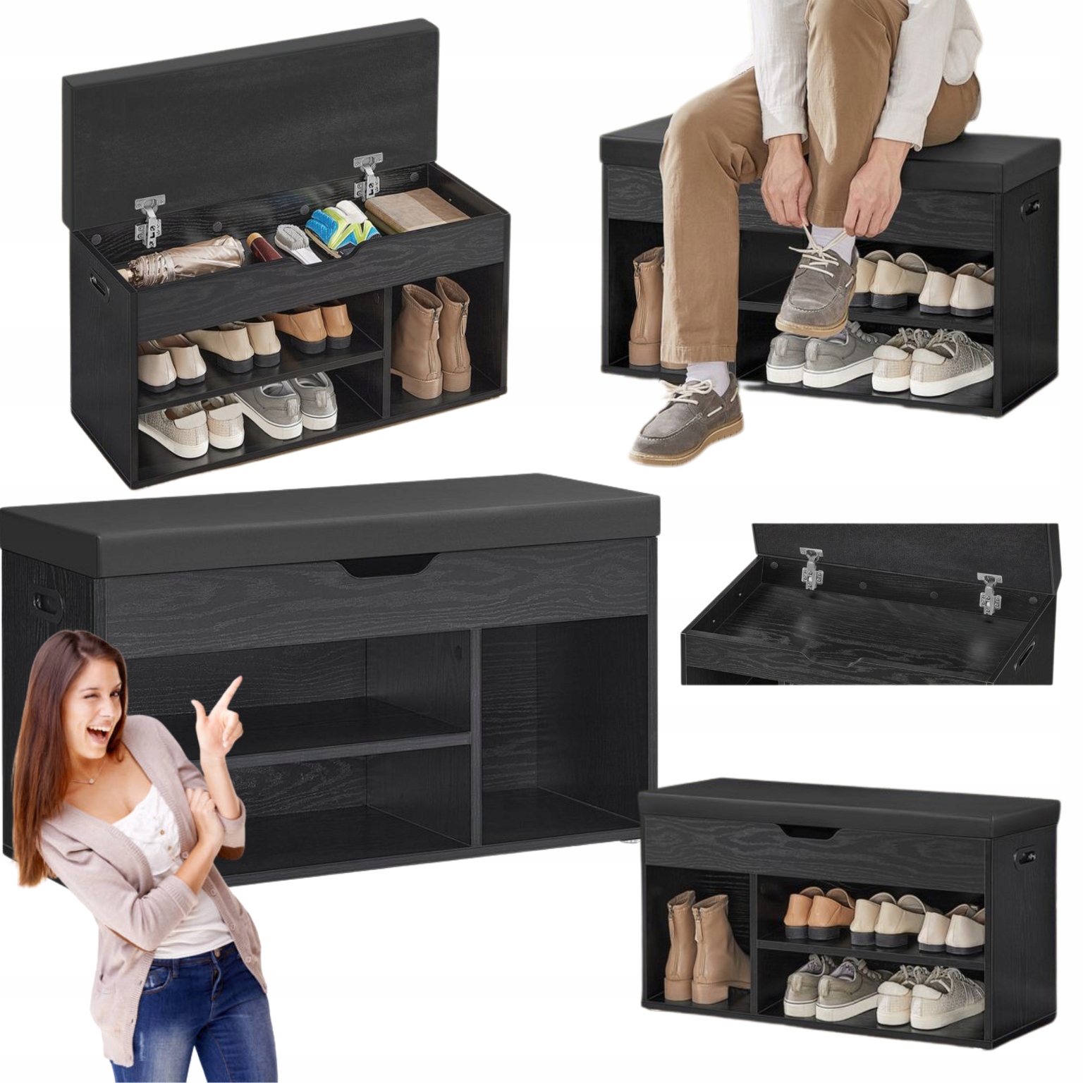 Skrinka na topánky s sedadlom 80 cm Čierna Čalúnená lavička do predsiene