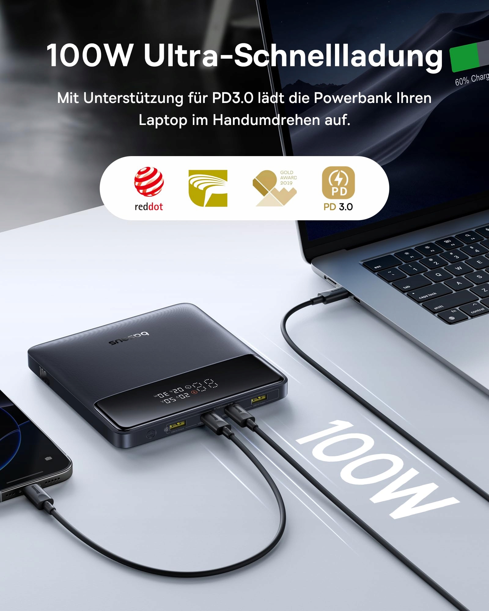 BASEUS Powerbank 20000mAh 100W PD Szybkie Ładowanie Do Laptopów iPhone — miniatura 3