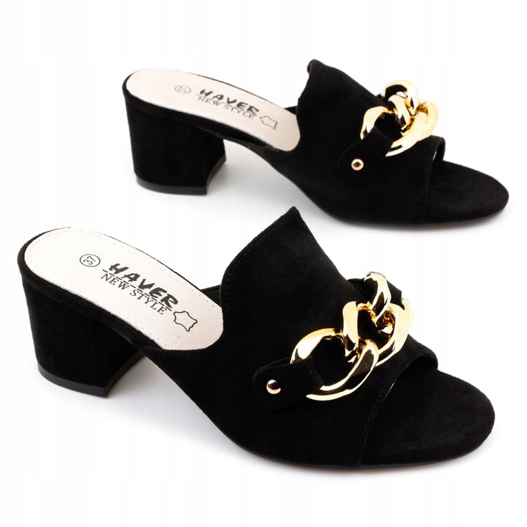 

Klapki damskie czarne zamszowe na obcasie słupku