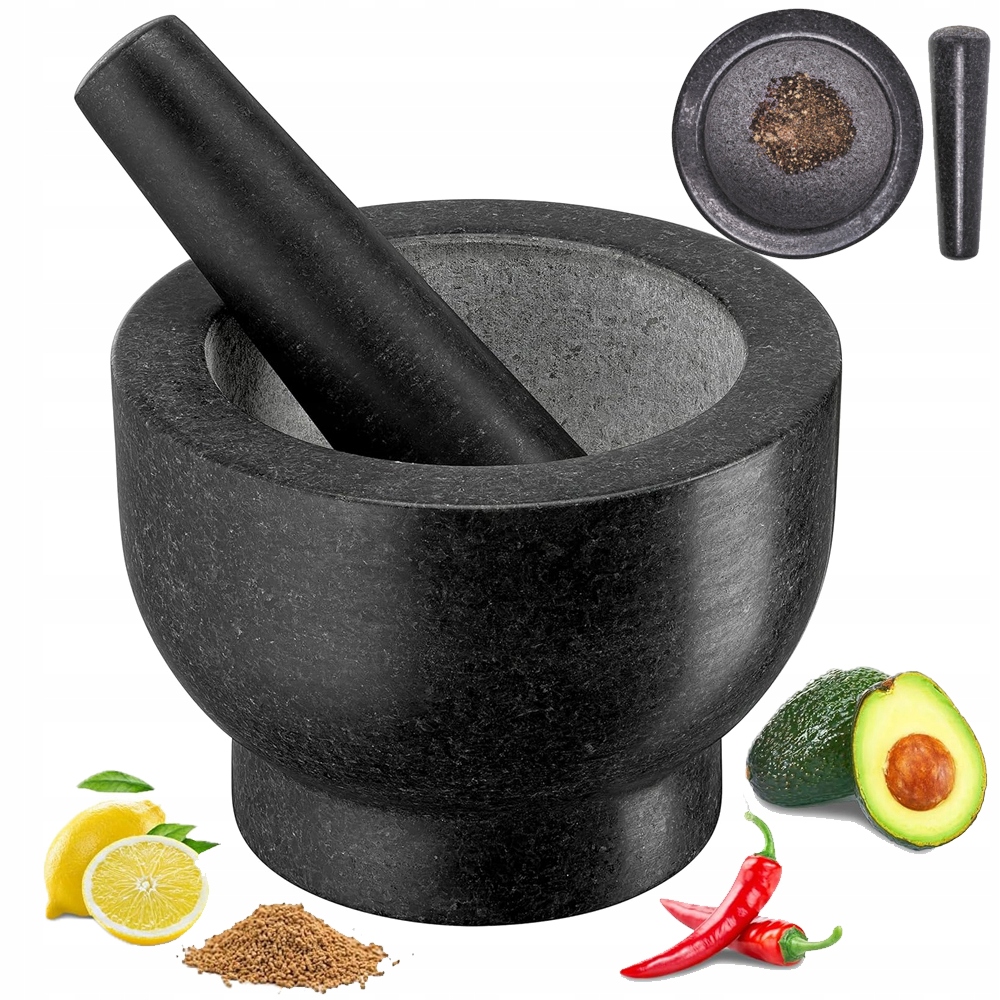 Granitový hmoždíř Kamenný Černý Tlouček do kuchyně Bylinky Koření Léků